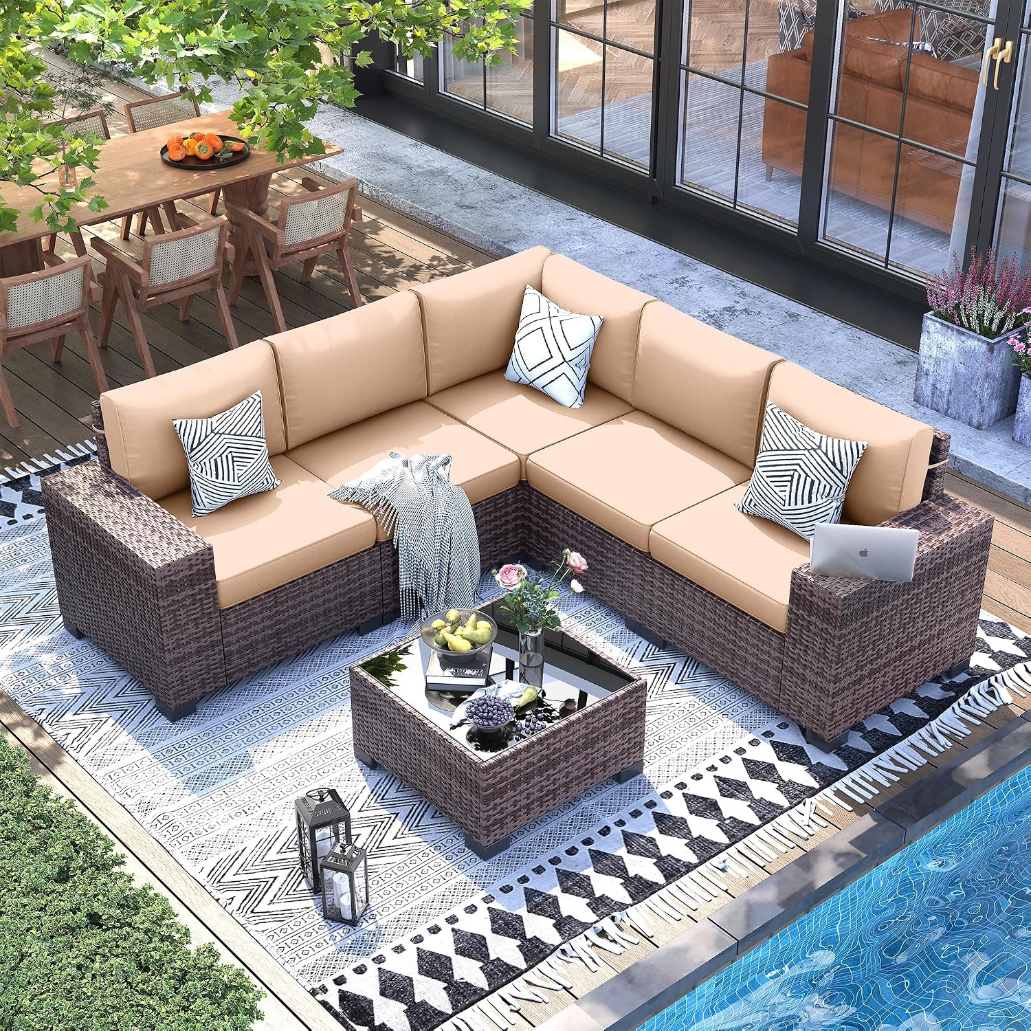 UDPATIO Patio Furniture Set, 8 Inch Armrest Outdoor Sectional Sofa with Wicker Coffee Table, 6 Piece Conversation for Garden, Backyard, Khaki