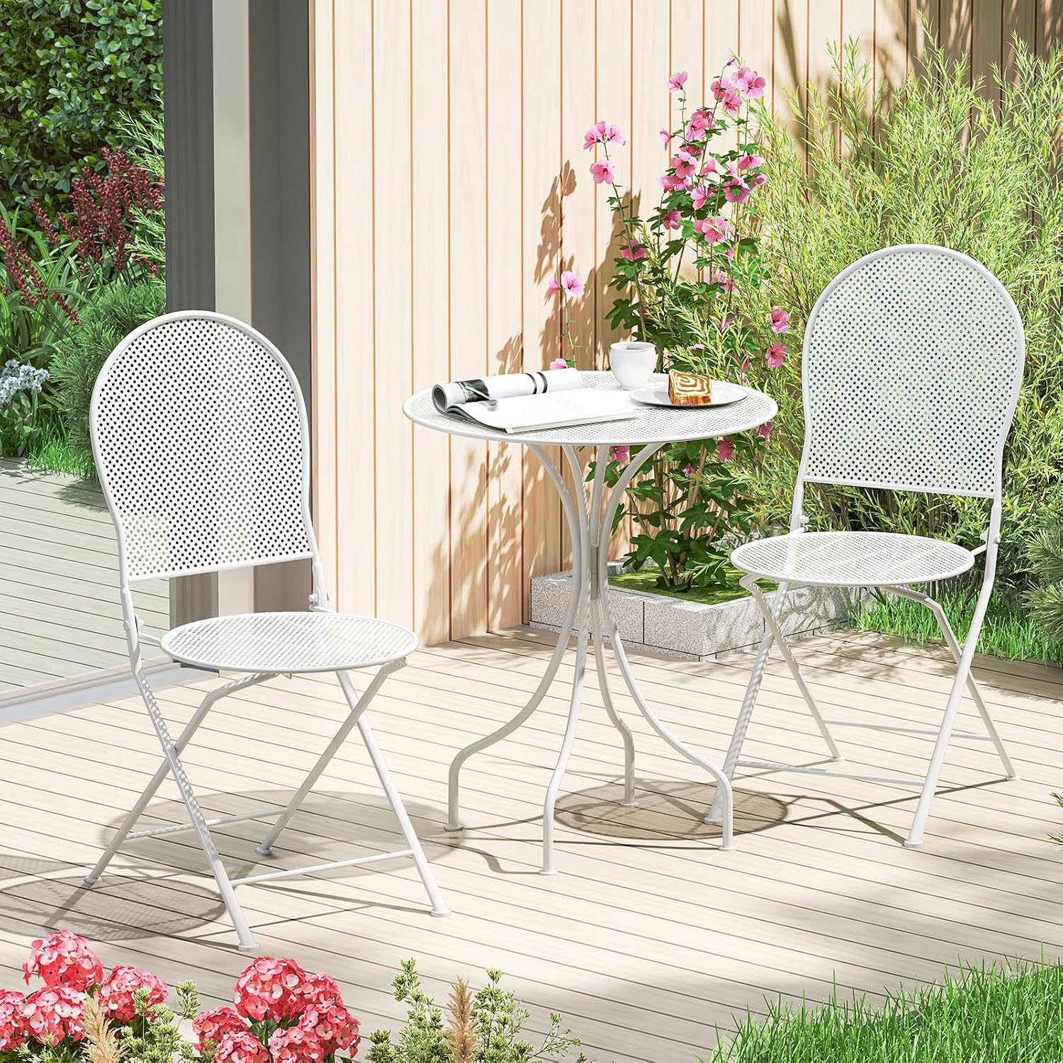 Tangkula 3 Pieces Patio Bistro Set, Metal Table and Folding Chair Set for 2, Outdoor Garden Furniture Set with Round Table & 2 Folding Chairs, Indoor Outdoor Bistro Set for Garden, Yard, Porch (White)