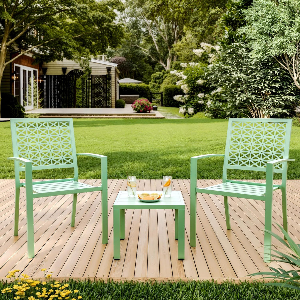 GarveeLife 3 Pieces Patio Furniture Set, Metal Outdoor Furniture with 2 Chairs and Coffee Table, Modern Bistro Set for Garden, Balcony, Porch, Light Green