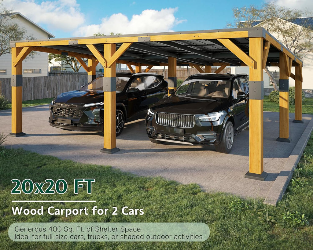 Jocisland 20x20x9.2 FT Cedar Wood Carport for 2 Cars, Heavy Duty Canopy Carport with Sloped Galvanized Steel Roof for All Weather, Permanent Shelter for Full-Sized Pickup Truck, Boat & Tractor