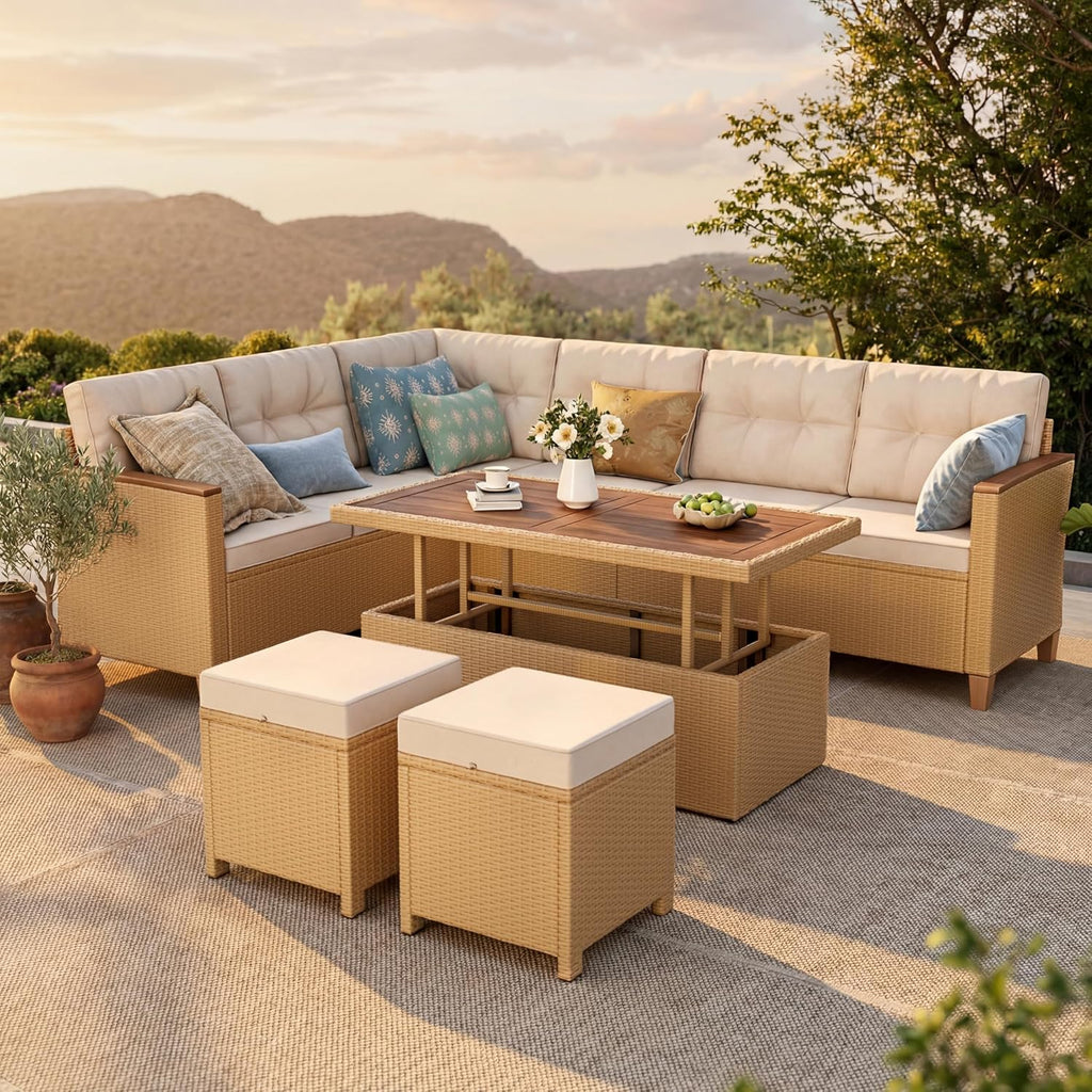 HERA'S HOUSE Patio Furniture Set, 8 Piece Wicker Outdoor Patio Conversation Set, Outside L-Shaped Sectional Sofa Couch with Chaise Lounge and 2 Ottomans, 1 Height Adjustable Table for Lawn