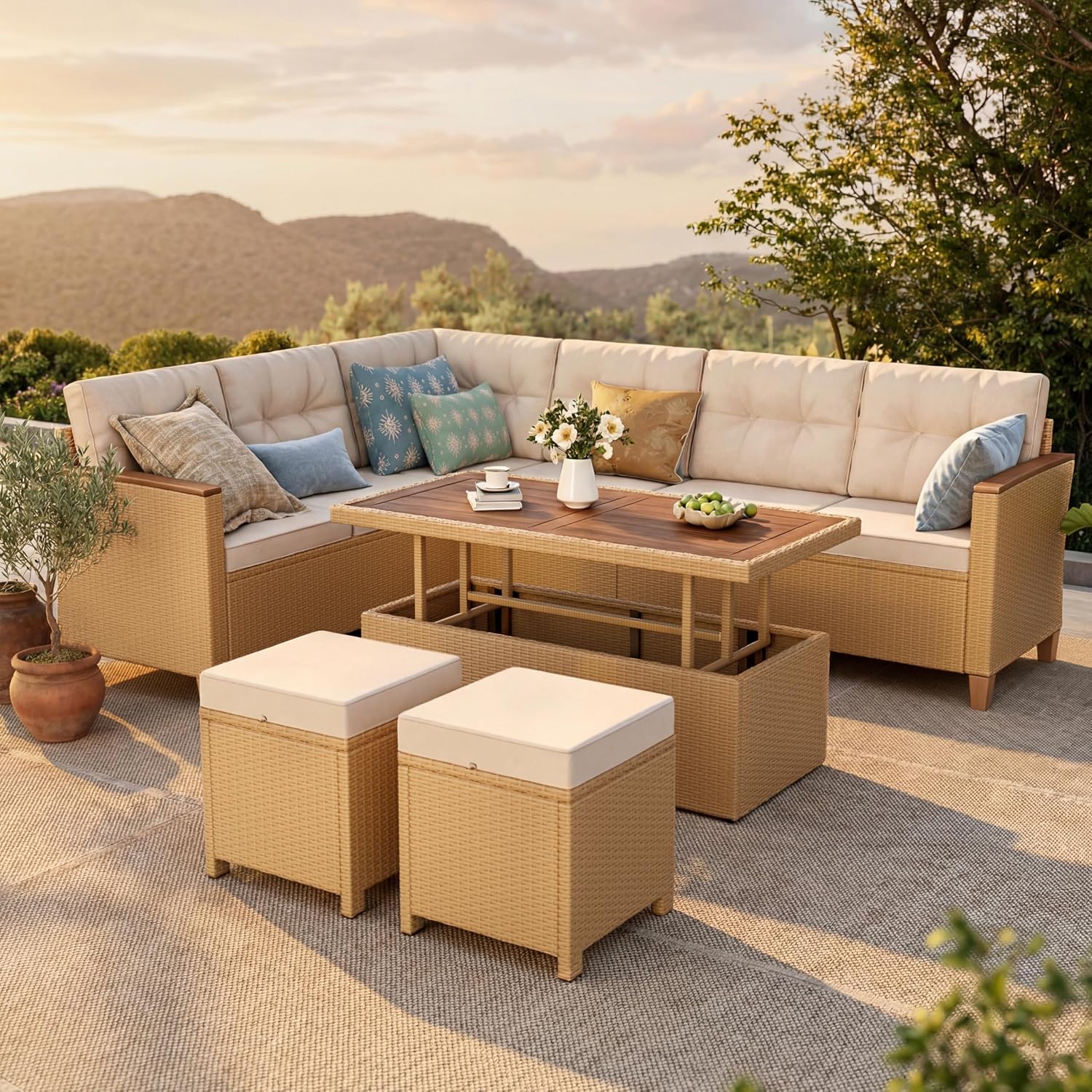 HERA'S HOUSE Patio Furniture Set, 8 Piece Wicker Outdoor Patio Conversation Set, Outside L-Shaped Sectional Sofa Couch with Chaise Lounge and 2 Ottomans, 1 Height Adjustable Table for Lawn