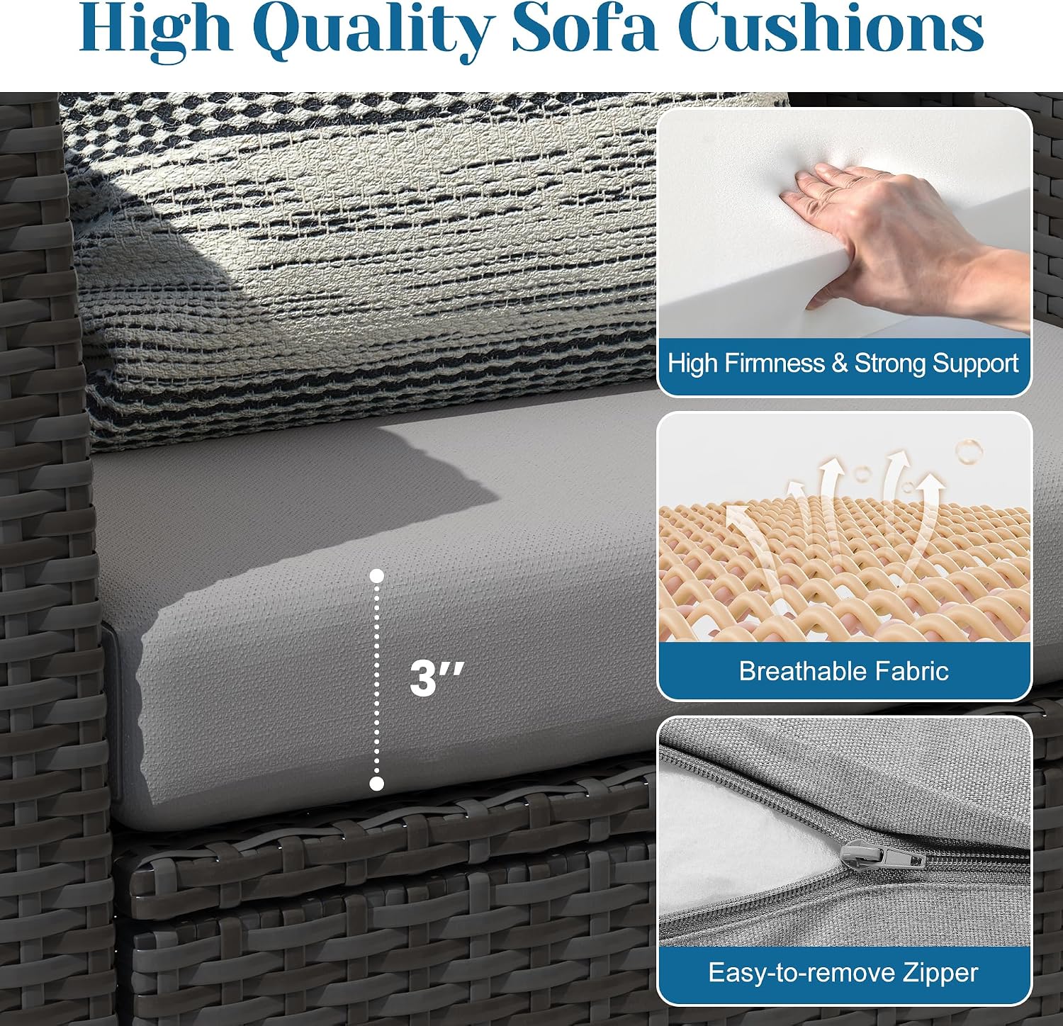 Solaste 4 Piece Outdoor Patio Furniture Set, Outdoor Sectional Sofa with Tempered Glass Coffee Table and Cushions, Wicker Rattan Patio Set for Backyard, Front Porch, Balcony, Gray