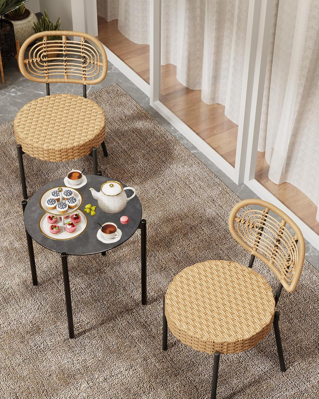 GarveeLife 3 Piece Wicker Patio Bistro Furniture Set, Outdoor Dining Chairs, Includes 2 Rattan Chairs and Tempered Glass Table, for Garden, Backyard, Balcony, Apartment, Black & Brown