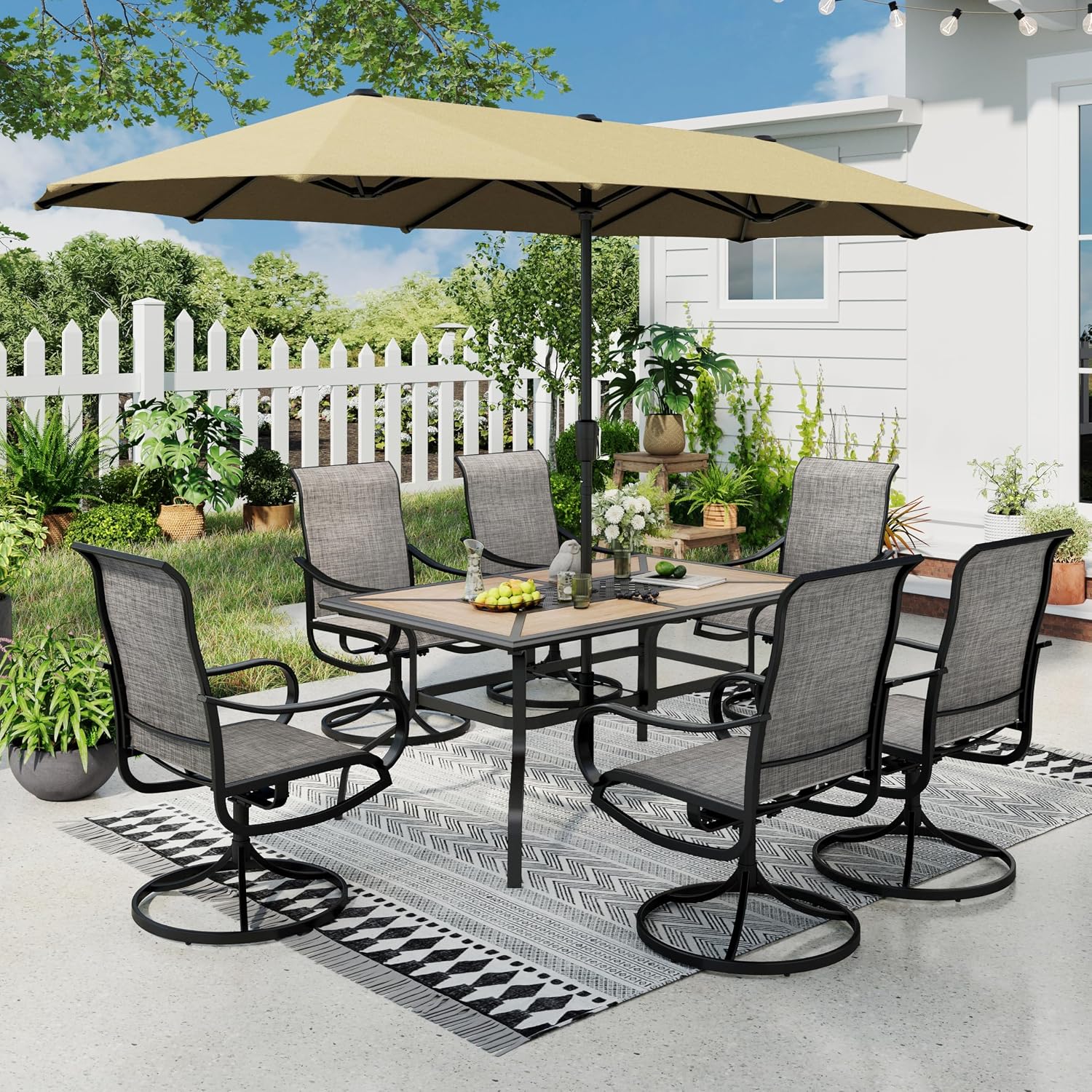 Sophia & William Patio Set with Umbrella Patio Dining Set for 6 with 13ft Rectangle Patio Umbrella Beige, 6 x Patio Chairs Brown, 1 Wood Like Outdoor Dining Table with Umbrella Hole for Lawn Garden