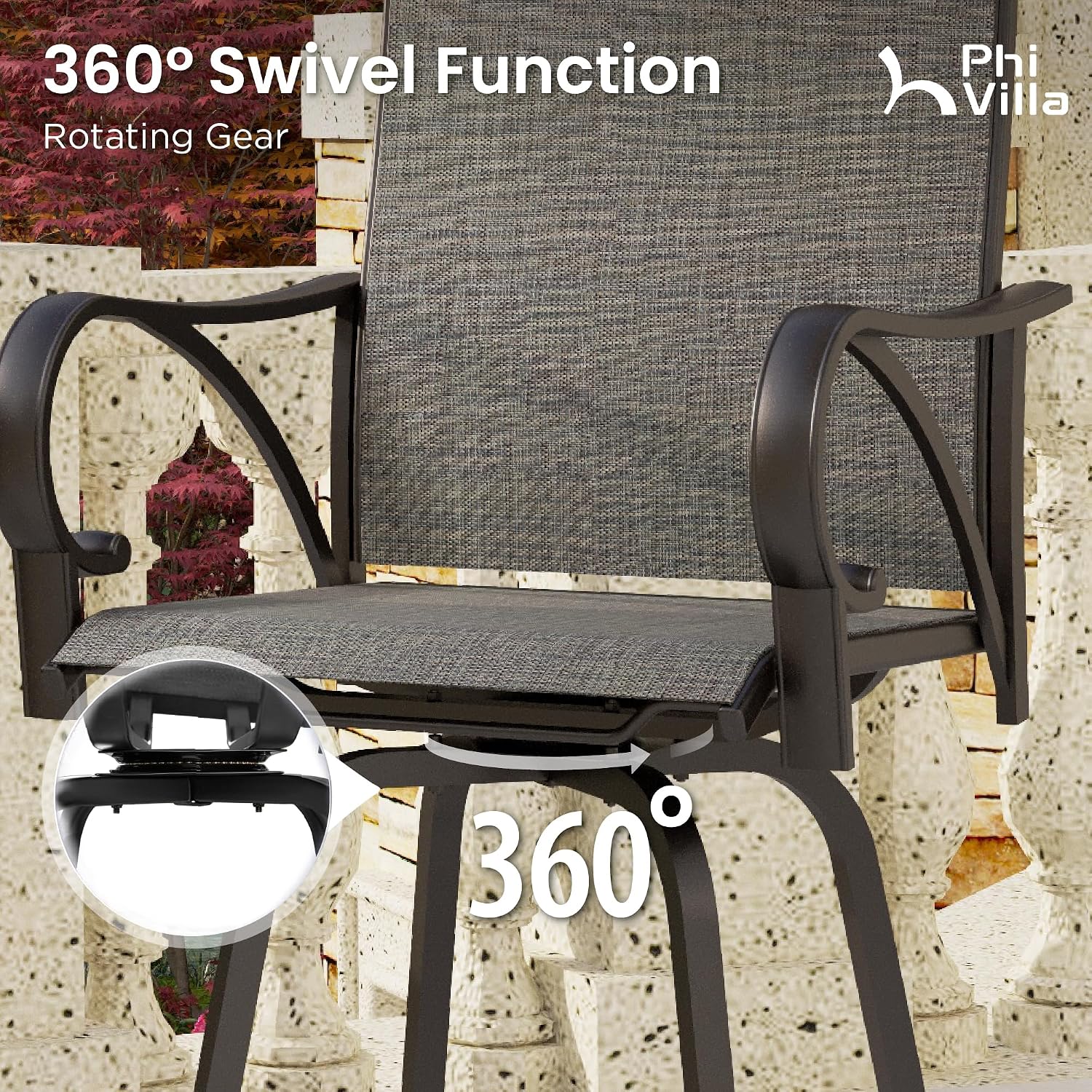 PHI VILLA 5 Piece Outdoor Bar Set, High Top Patio Table and Chairs with 4 Swivel Bar Stools (Grey) & Square Bar Bistro Table for Garden, Yard