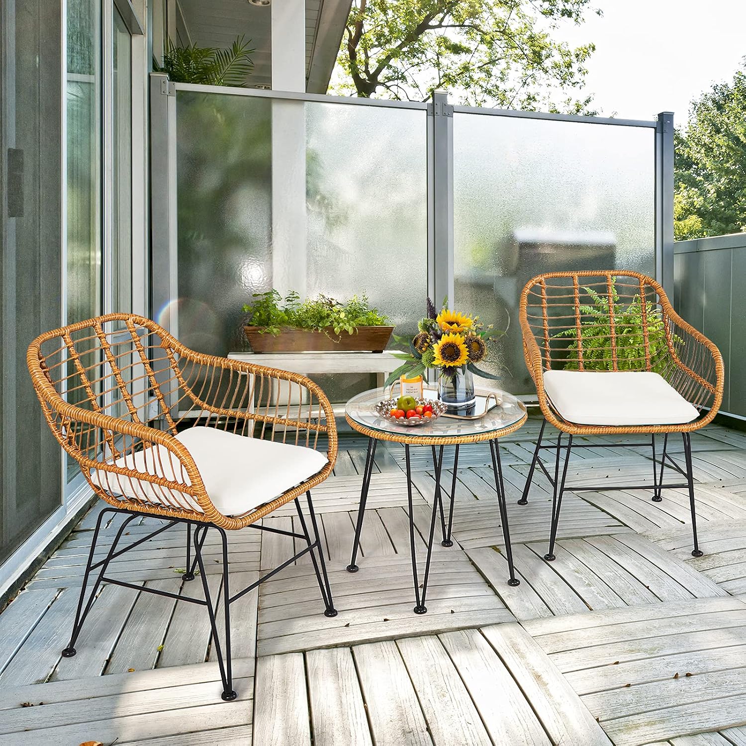 Tangkula 3 Pieces Patio Bistro Set, Rattan Conversation Set with 2 Cushioned Armchairs & Round Glass Coffee Table, Indoor Outdoor Wicker Furniture Set for Balcony, Backyard, Garden, Poolside