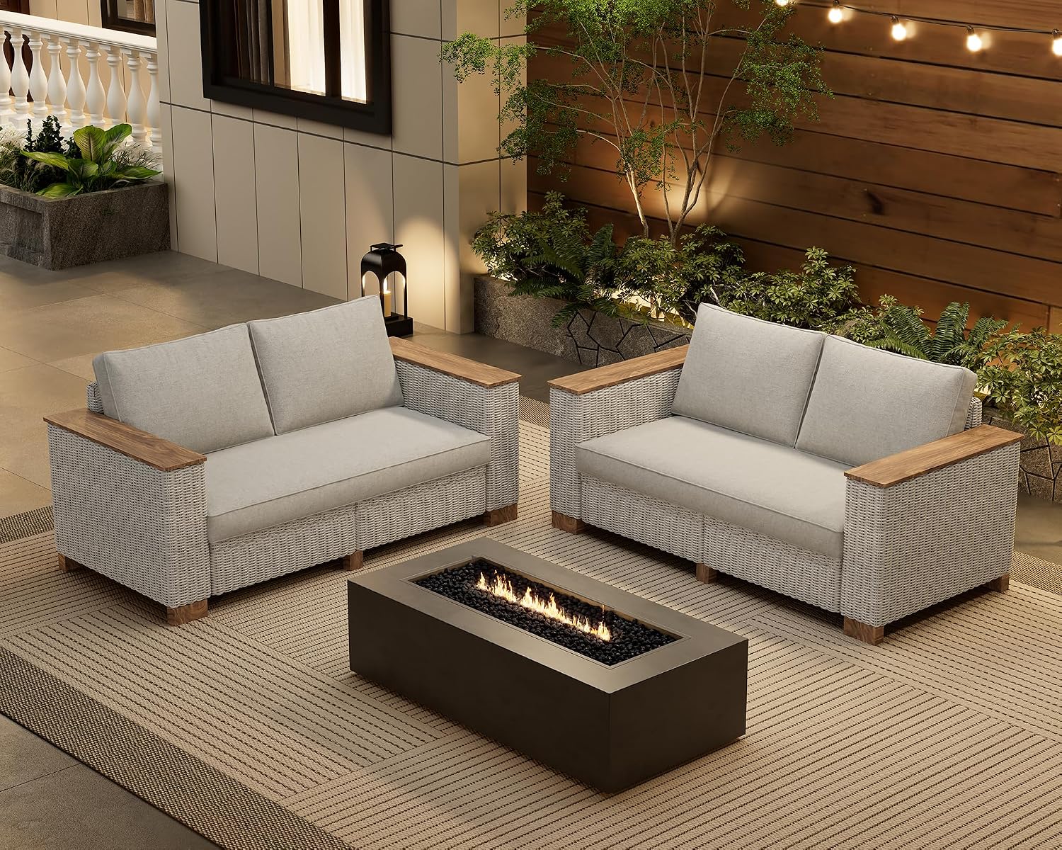 PaPaJet 4-Piece Wicker Patio Furniture Set with Solid Wood Armrest, Outdoor Patio Set with Thick Legs, UV-Resistant Modular Outdoor Sectional Sofa for Backyard, Porch, Garden