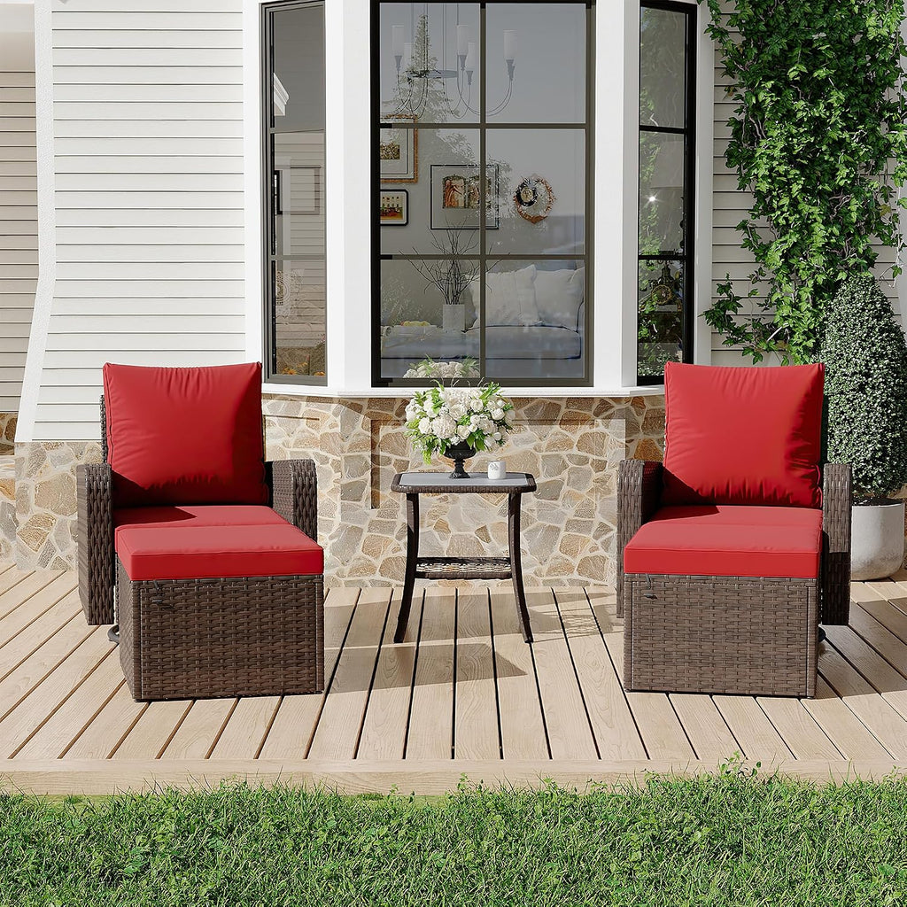HOMREST 5 Piece Outdoor Patio Furniture Set-Wicker Swivel Chairs Set of 2 w/ 2 Ottoman, Coffee Table & Cushions Small Patio Furniture Set for Garden, Balcony (Wine Red)