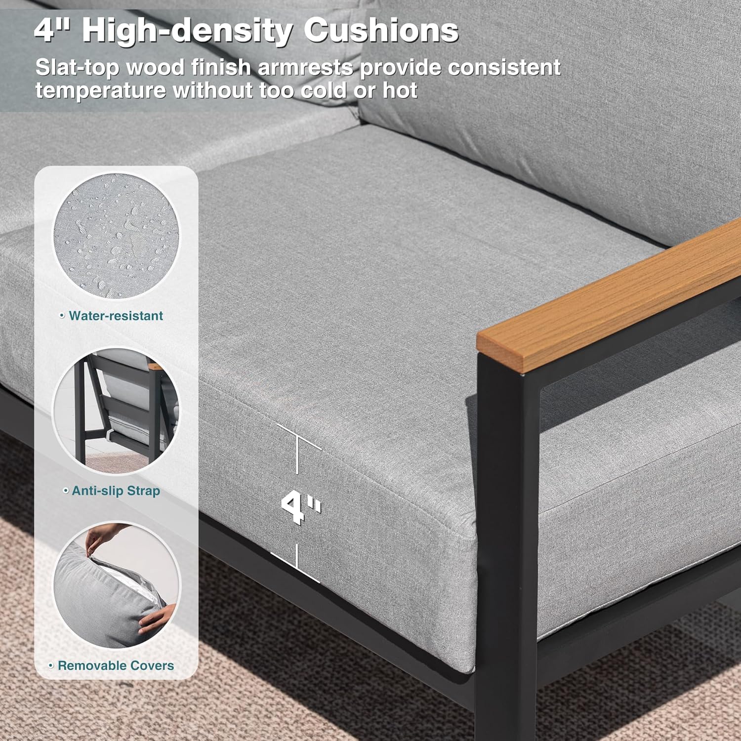 Patio Furniture Set, 4 Pieces Outdoor Patio Furniture with Coffee Table Set, Metal Patio Conversation Sets with Washable and High-Resiliency Sponge Cushions, Upgarded Light Grey