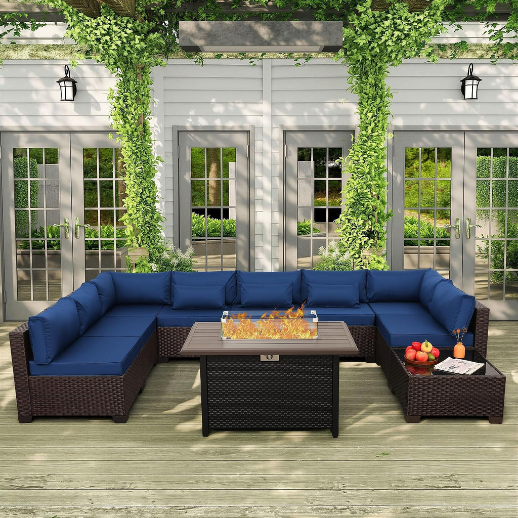 Rattaner 10 Pieces Outdoor Sectional All-Weather Wicker Patio Furniture Set Patio Sectional and Steel Fire Table and Glass Patio Table Non-Slip Cushions and Waterproof Covers, Navy Blue