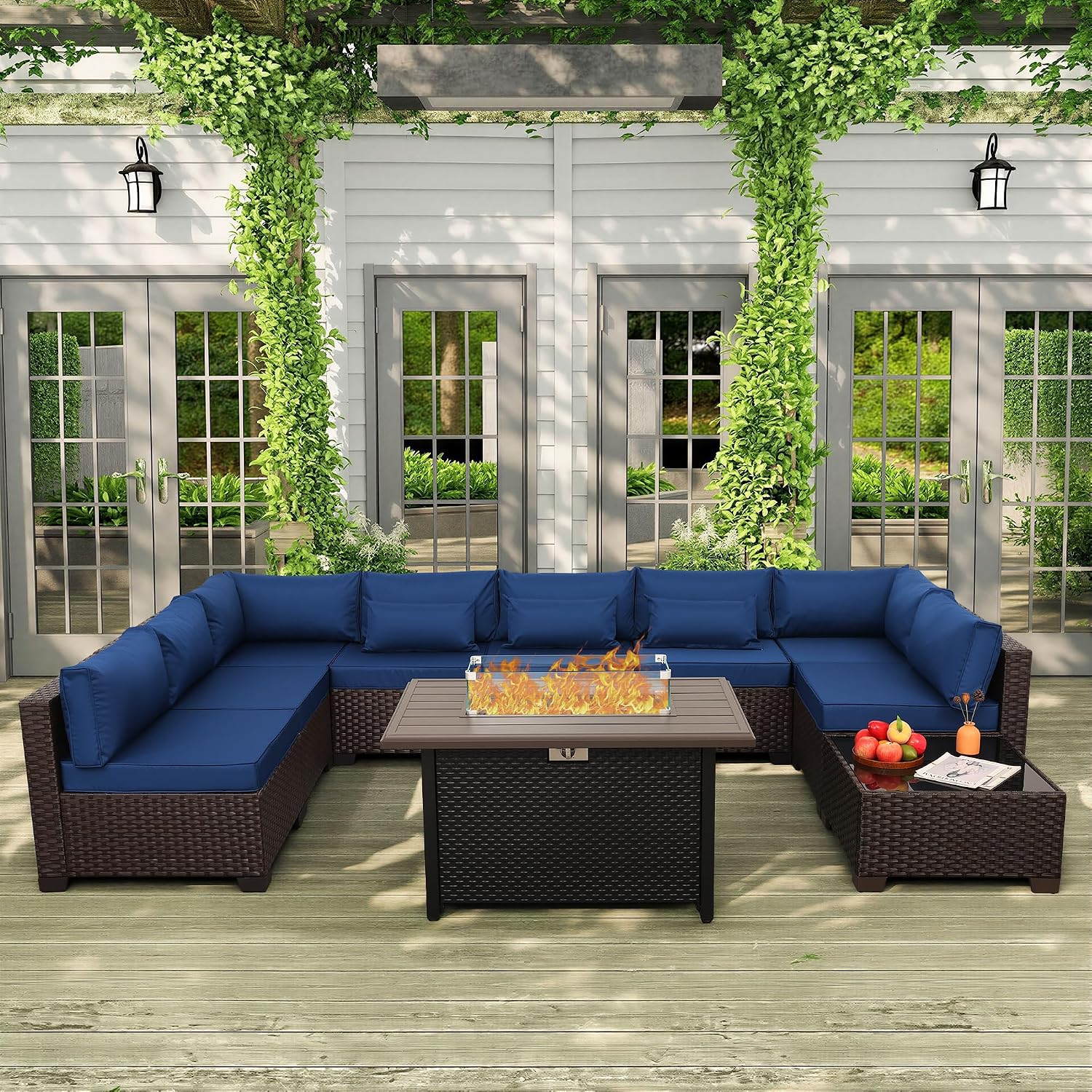 Rattaner 10 Pieces Outdoor Sectional All-Weather Wicker Patio Furniture Set Patio Sectional and Steel Fire Table and Glass Patio Table Non-Slip Cushions and Waterproof Covers, Navy Blue