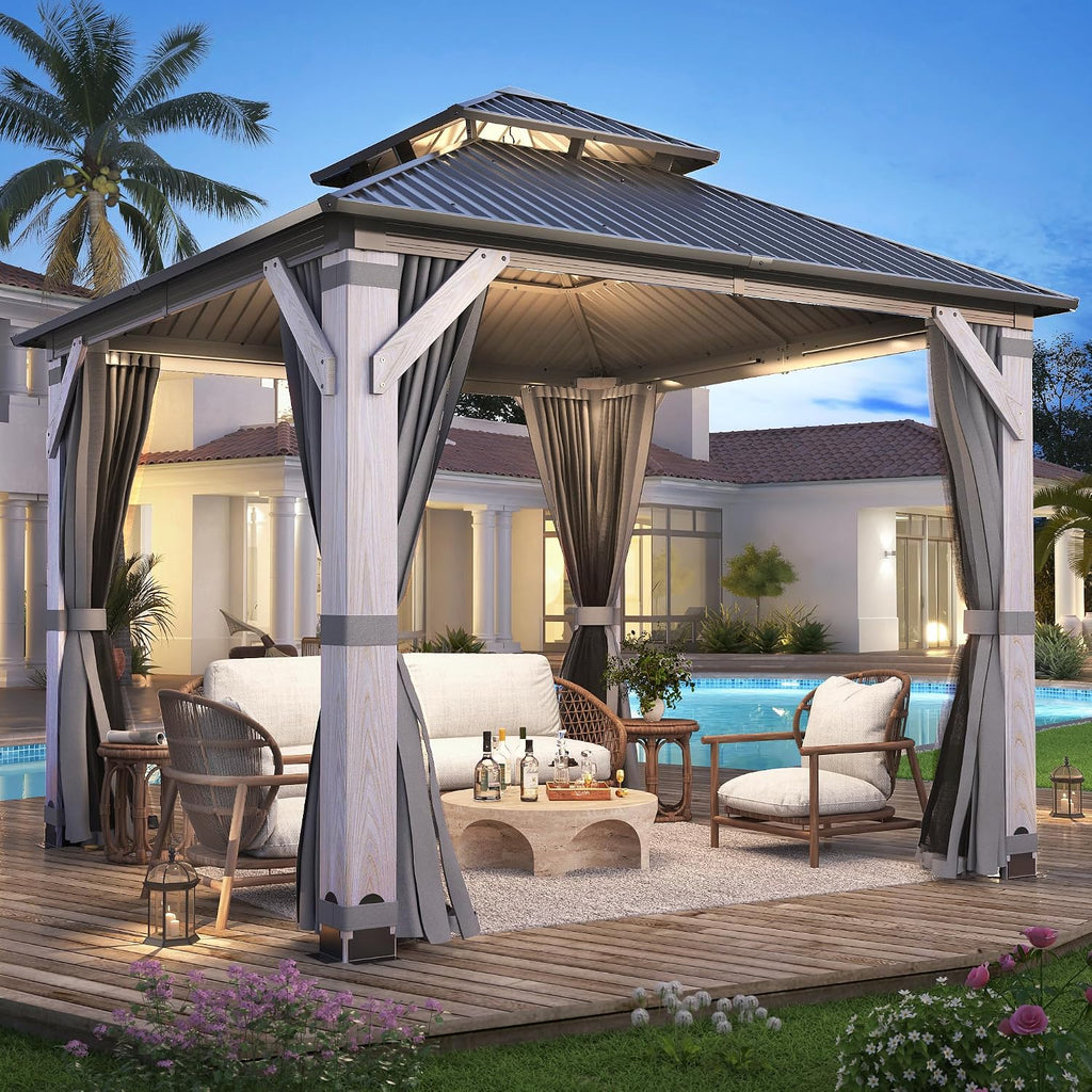 8.5x8.5FT Hardtop Wood Gazebo, Outdoor Gazebo with Cedar Wooden Pillar & Double Metal Roof - Weather-Resistant Gazebos Pavilion for Patio, Garden, Backyard (w/Netting & Gray Curtains)