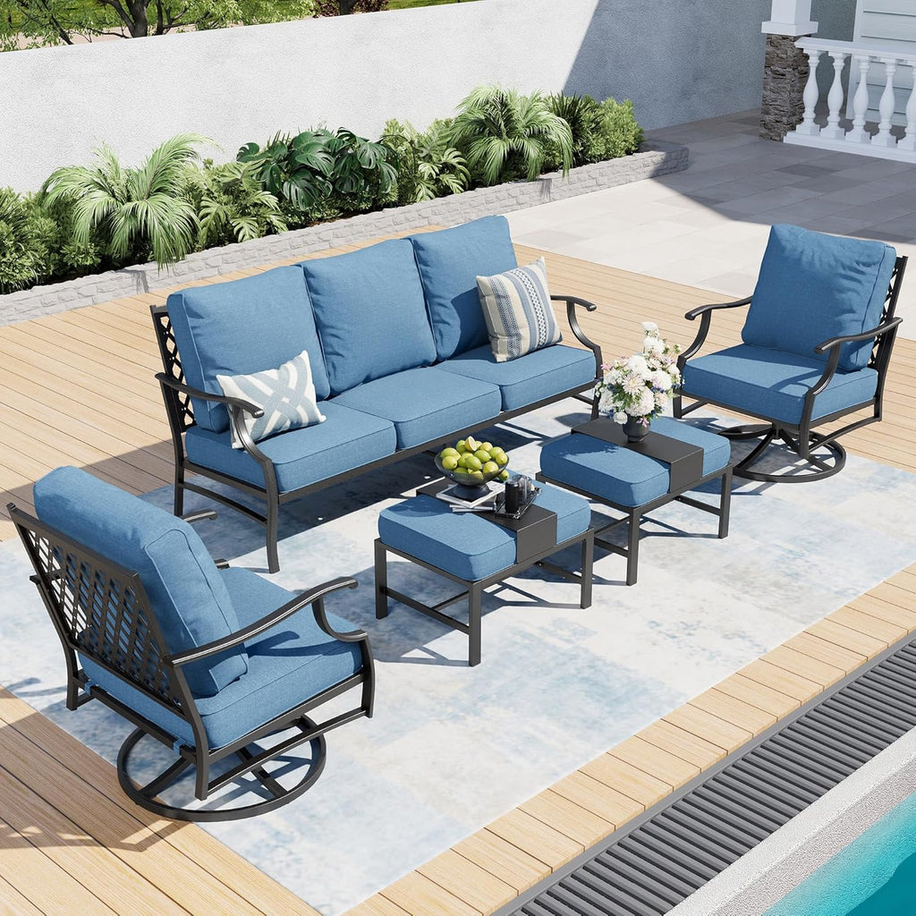 SUNSHINE VALLEY 5 Piece Metal Outdoor Patio Furniture Set, Patio Conversation Sets 1 3-seater Sofa, 2 Swivel Chairs, 2 Ottomans with 5.75' Thick Cushion, Black All-weather Backyard Furniture Set, Navy