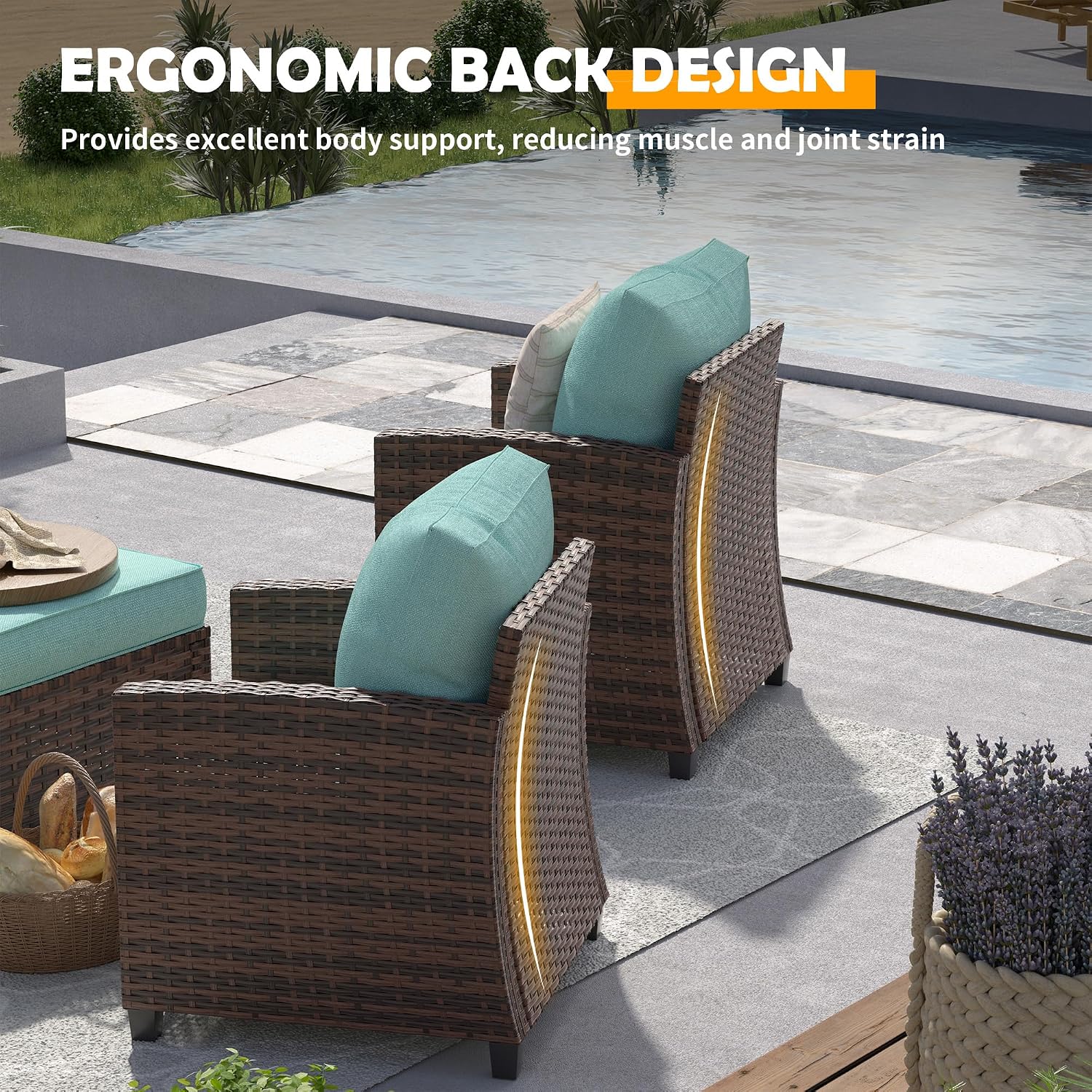 UDPATIO Patio Furniture Set, 5 Pieces Outdoor Sectional Sofa Set, All-Weather Wicker Rattan High Back Patio Conversation Set with Ottoman for Poolside, Backyard, 4' Thick Cushions, Light Blue