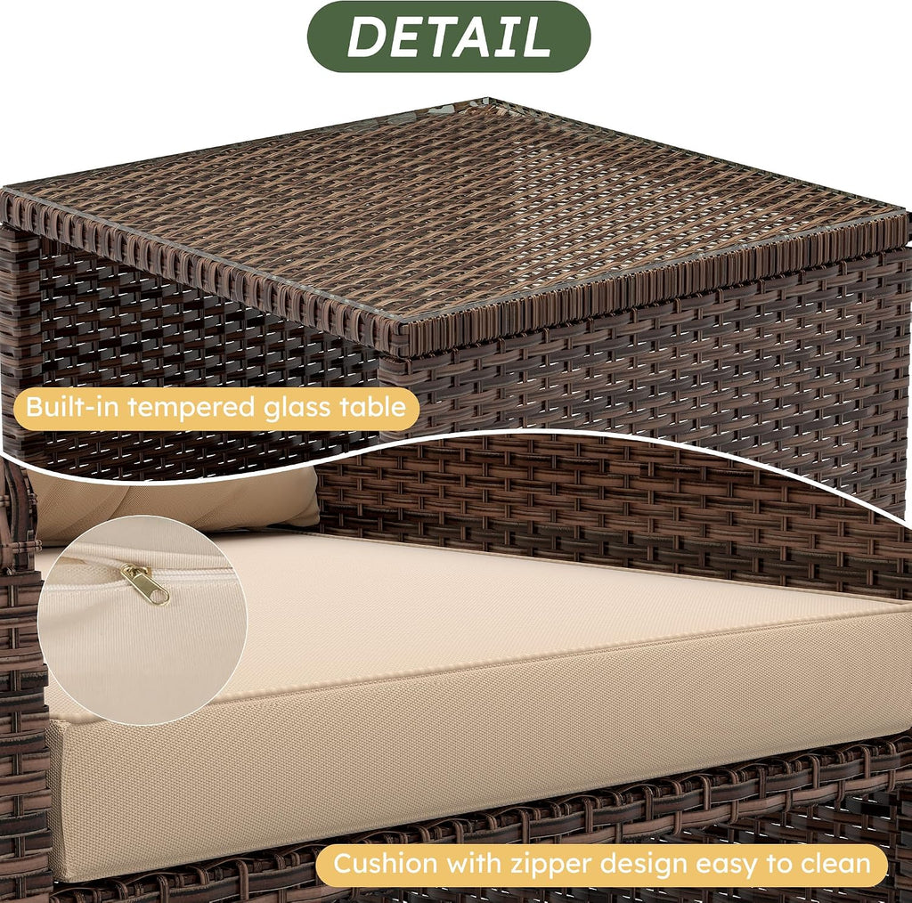 5 Pieces Patio Furniture Set, Hand-Woven Rattan Patio Conversation Set with Soft Cushions & Coffee Table, Outdoor Chairs with Hidden Ottoman for Porch, Lawn, Garden, Balcony, Brown