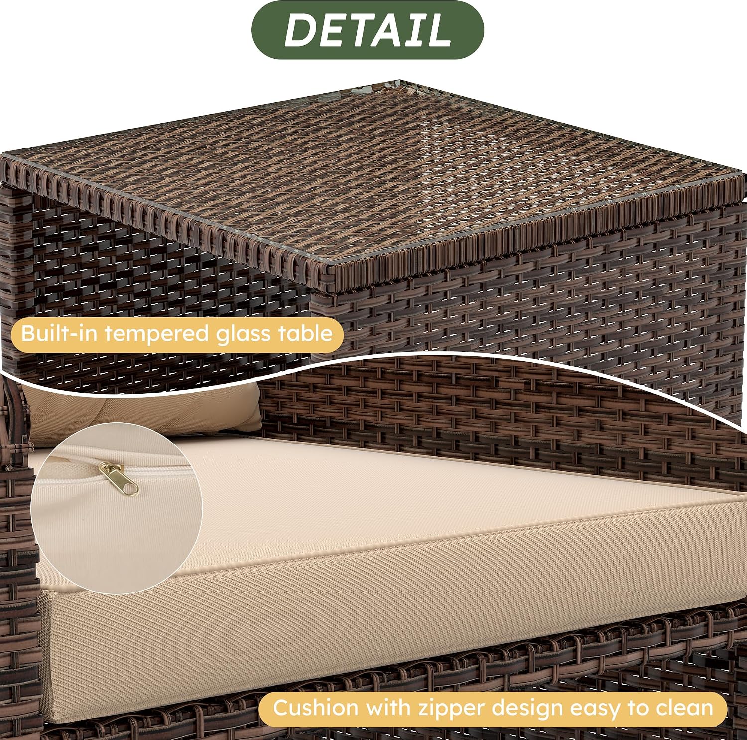 5 Pieces Patio Furniture Set, Hand-Woven Rattan Patio Conversation Set with Soft Cushions & Coffee Table, Outdoor Chairs with Hidden Ottoman for Porch, Lawn, Garden, Balcony, Brown
