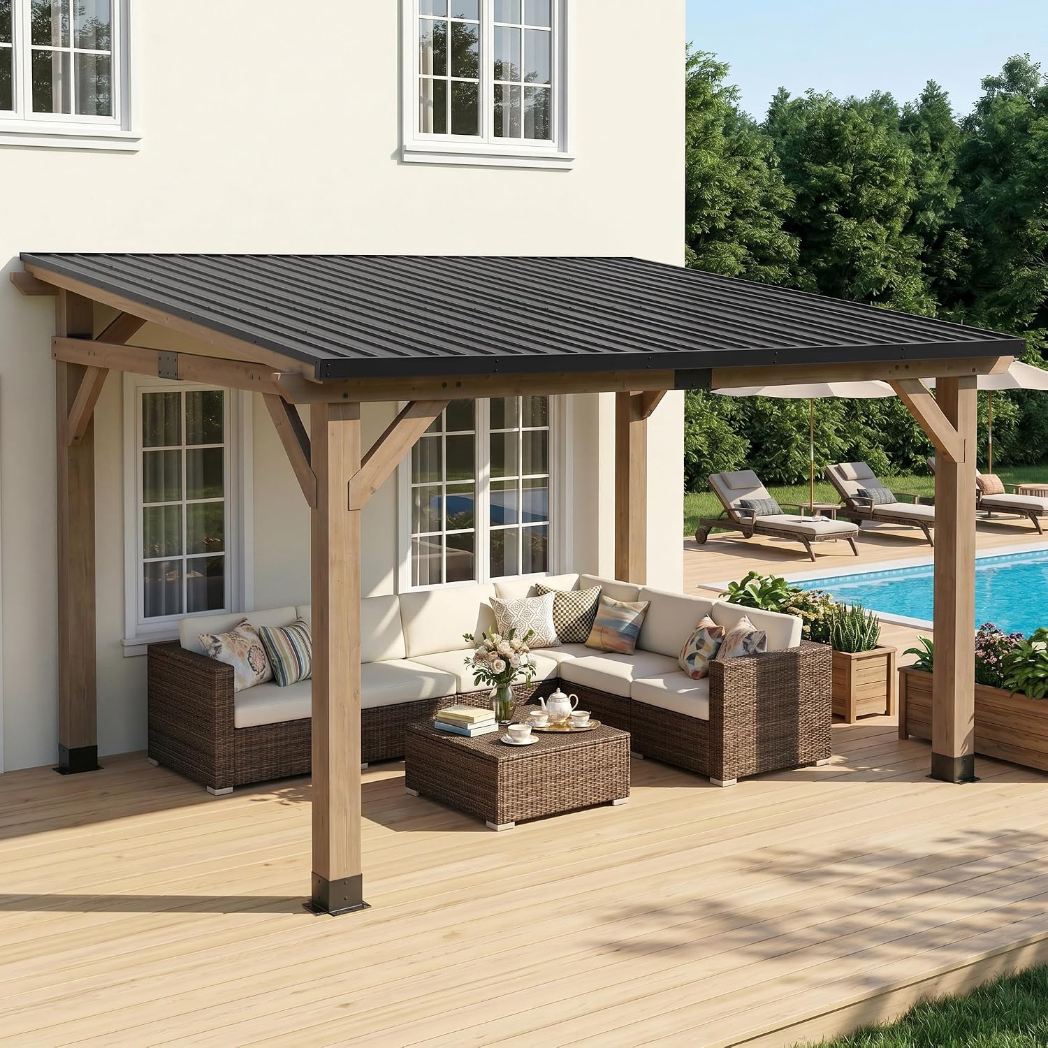 CHARMELEON 10x12 FT Cedar Wood Gazebo,Wooden Gazebo with 4.6in Thickened Posts&Sloped Galvanized Steel Roof,Permanent Hardtop Patio Pavilion for Outdoor, Patio, Backyard-Gray