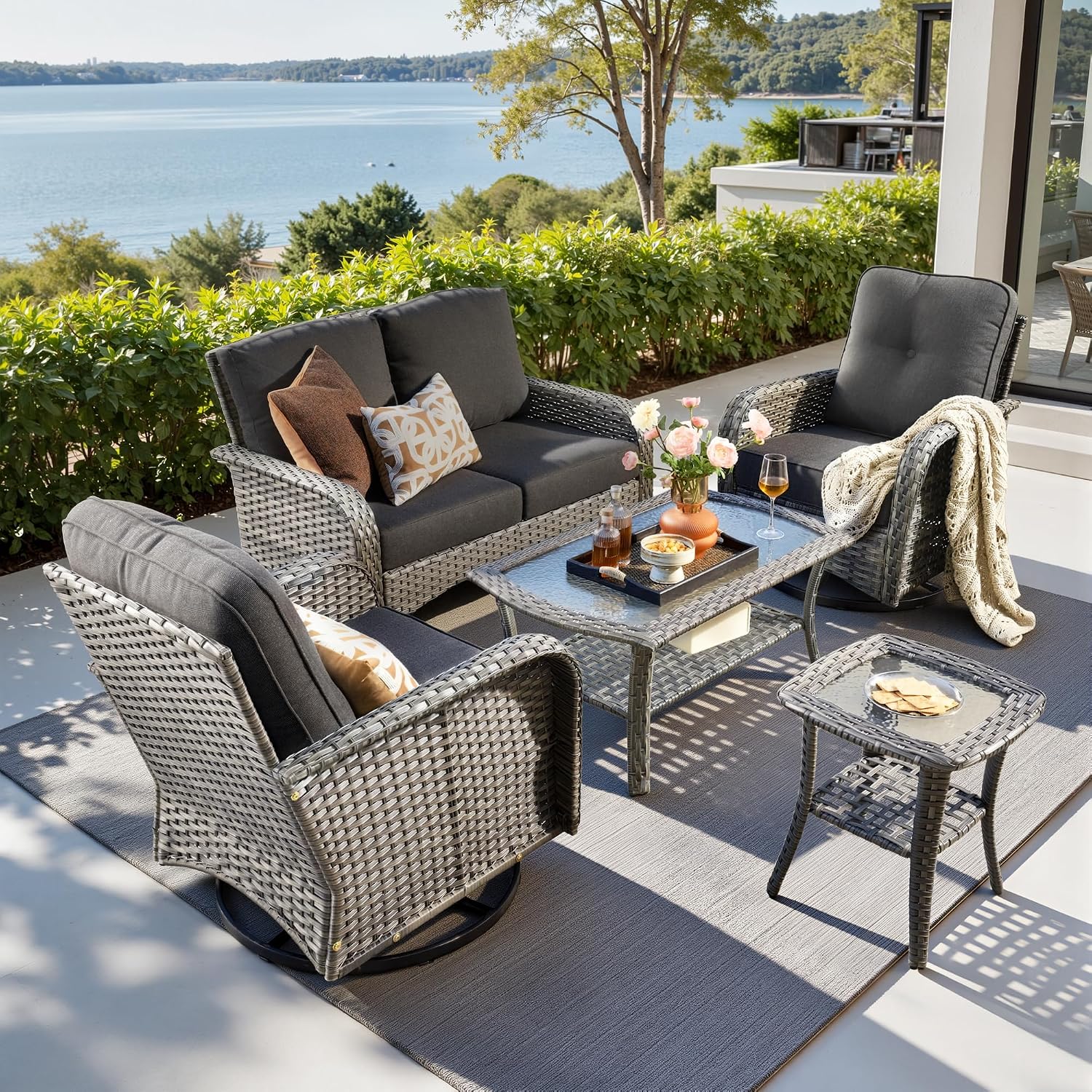 CAODOC 5 Pieces Patio Furniture Set,Outdoor Furniture with Rockers, Rattan Conversation Sets w/Coffee Table, Grey Wicker Black Cushion