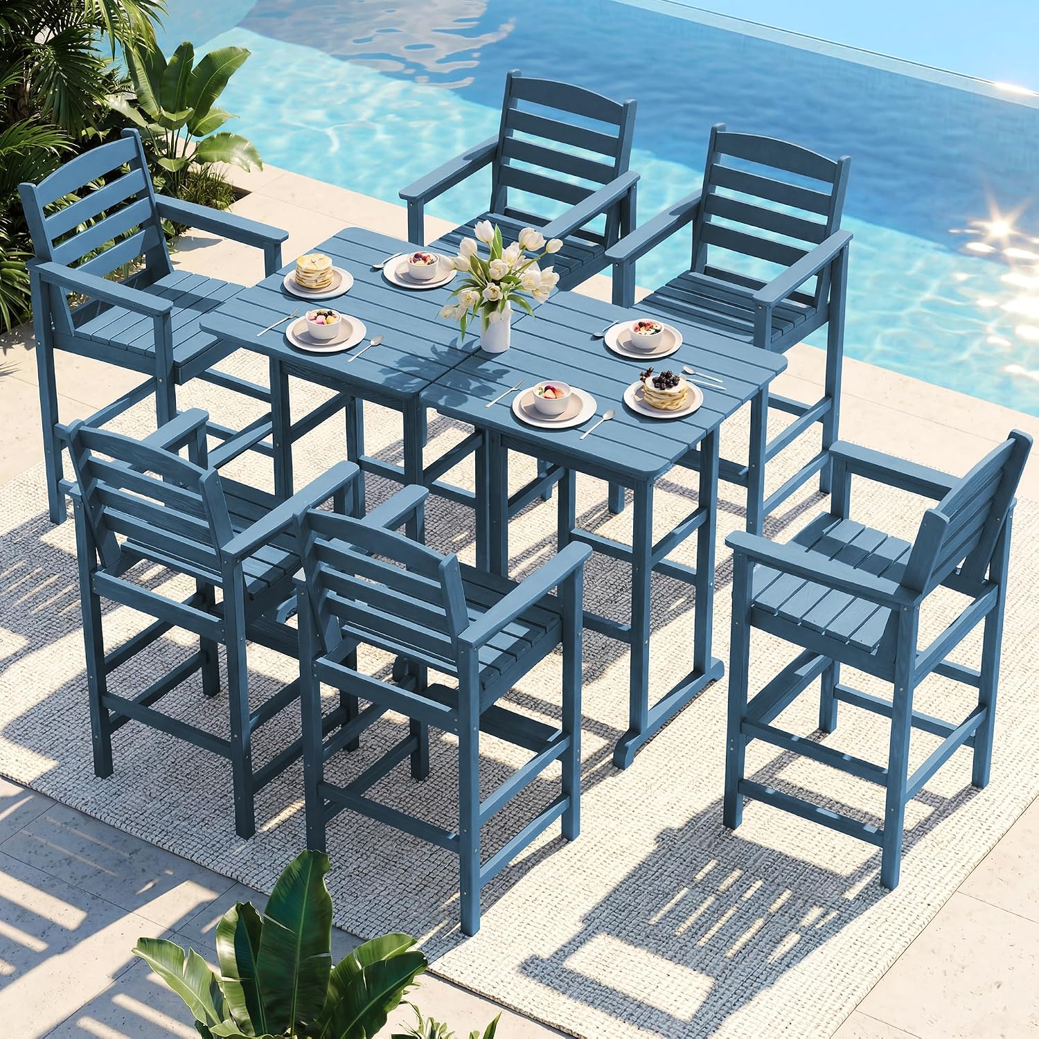 SERWALL 8 Pieces Balcony Adirondack Chairs and Table Set, Adirondack Bar Height Chairs Set of 6 and 2 Bar Table, Outdoor Bar Stools Set, Blue