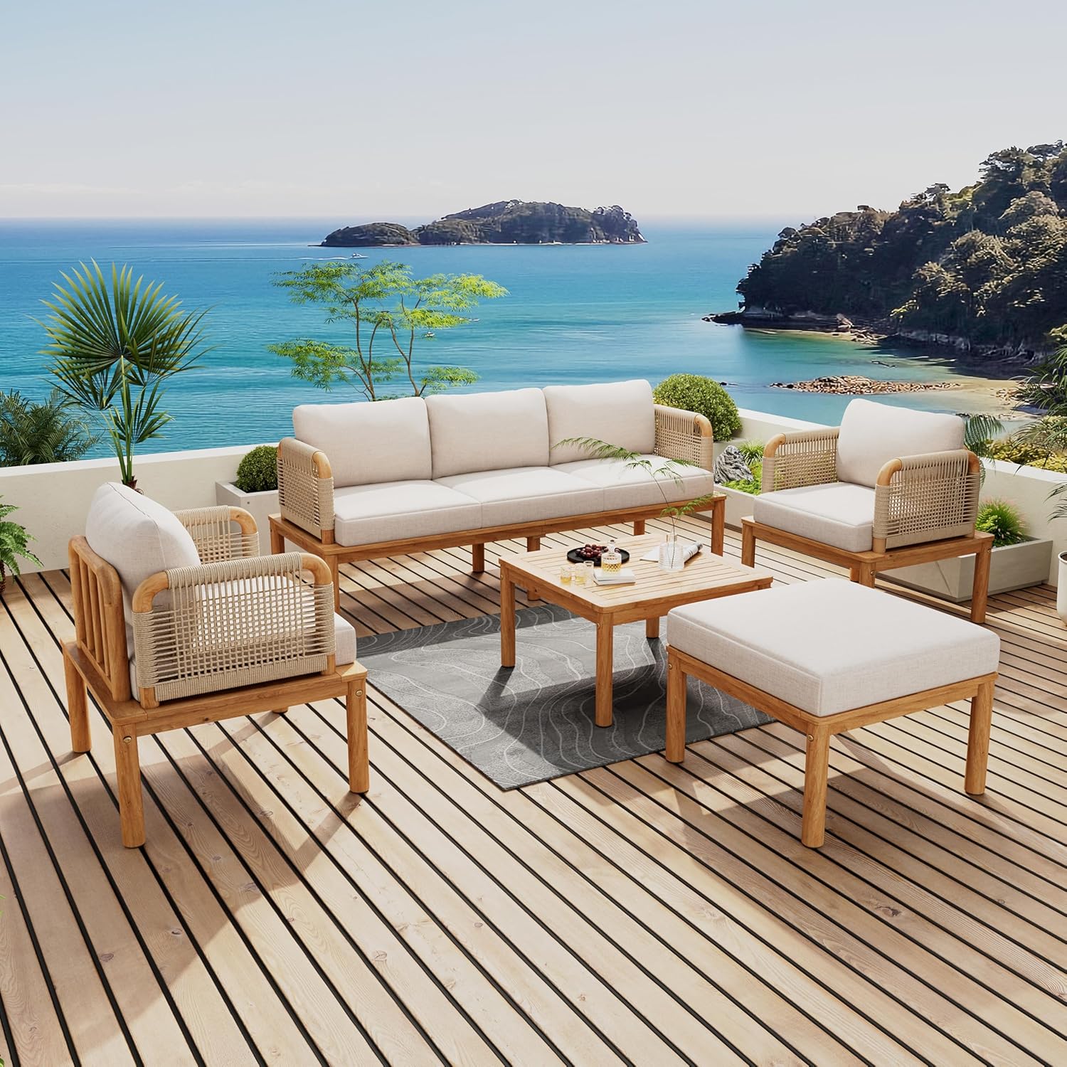 Acacia Wood Patio Multi-Person Sofa Set with Coffee Table and Removable Cushion, All-Weather Conversation Set Outdoor Seating for Garden Backyard Poolside Balcony (Teak+Beige-5PCS)