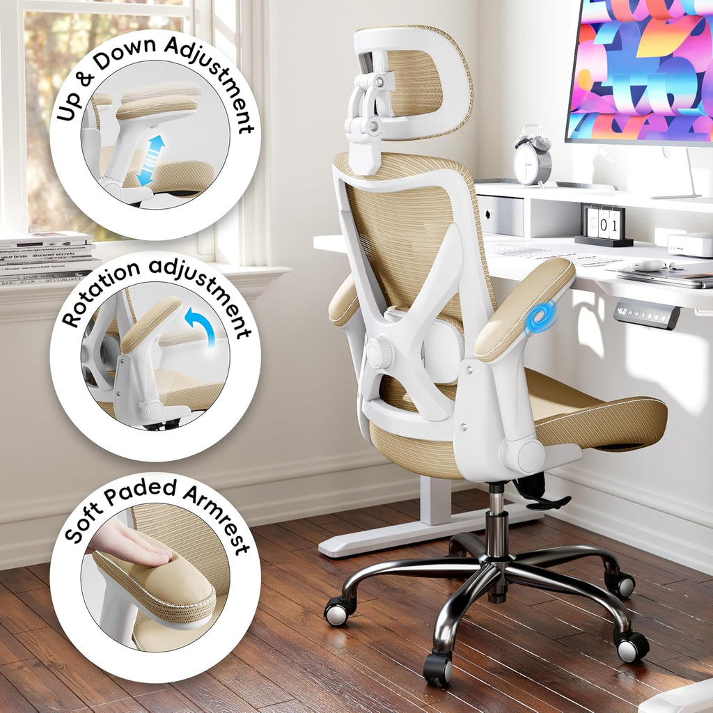 Ergalithic Office Home Ergonomic Desk Chair-Computer X-Shaped Chair Mesh PU Leather with Adjustable Lumbar Support-Executive Chair High Back with Headrest Flip-Up Arms for Long Hours (Khaki)