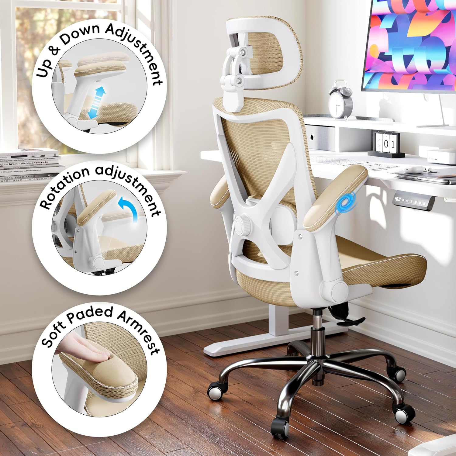 Ergalithic Office Home Ergonomic Desk Chair-Computer X-Shaped Chair Mesh PU Leather with Adjustable Lumbar Support-Executive Chair High Back with Headrest Flip-Up Arms for Long Hours (Khaki)