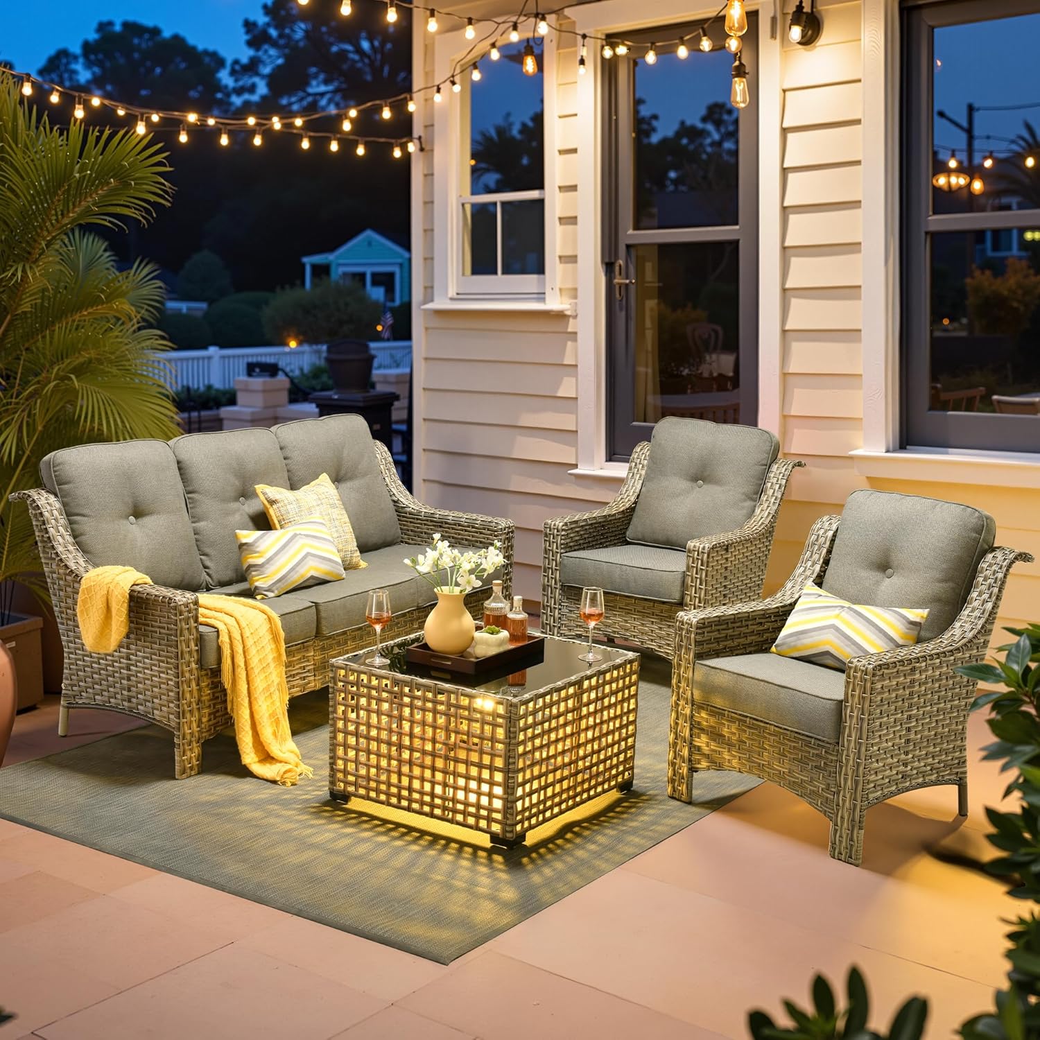ovios 4 Piece Outdoor Patio Furniture with 3 Seat Sofa,Rattan Wicker Coversation Set with High Back,Sectional Single Sofa with Ottoman for Outside Porch Balcony Backyard Pool, Dark Grey
