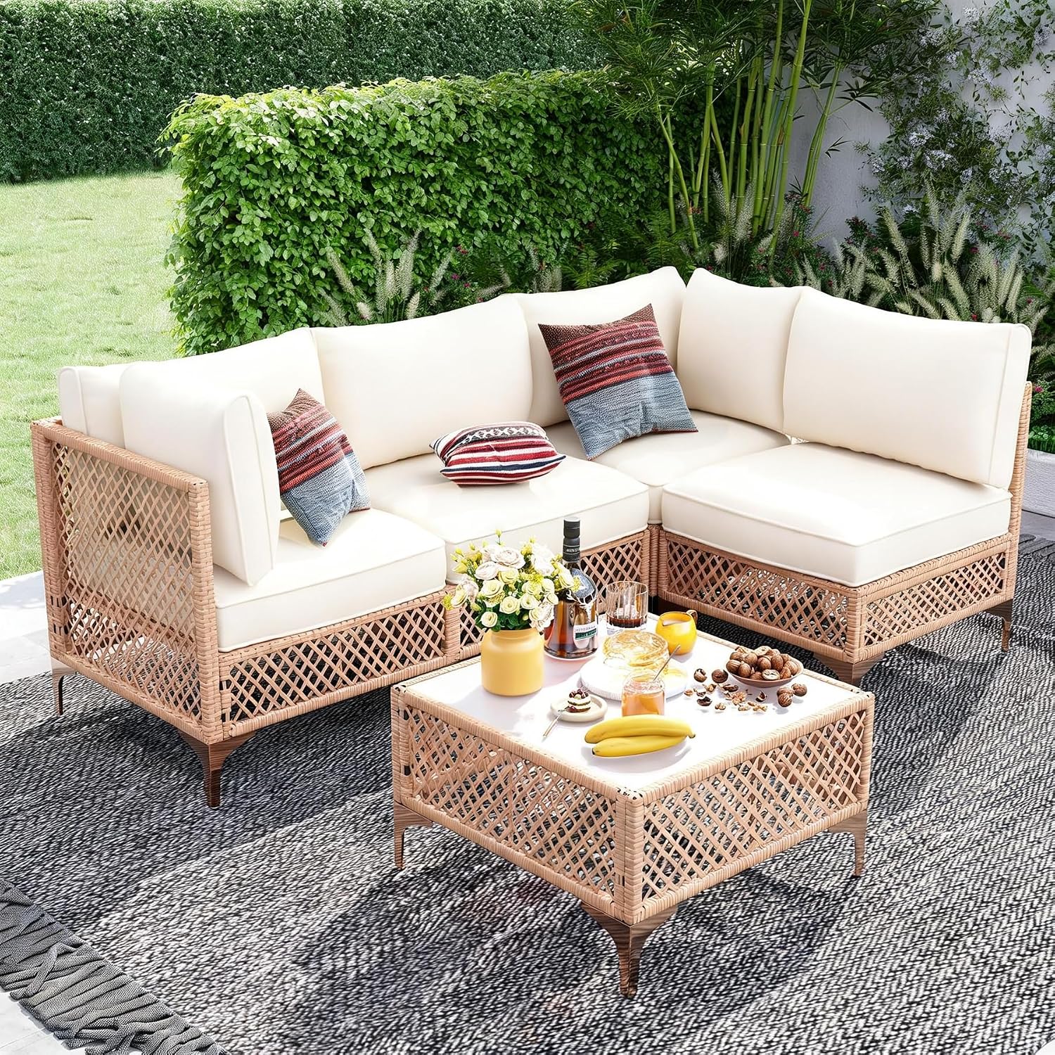 Outdoor Patio Furniture Set, Wicker Outdoor Sectional Set, Boho Patio Conversation Sectional Sofa with Large Tempered Glass Coffee Table and Waterproof Cushion (Large Size 5-Piece Patio Furniture)
