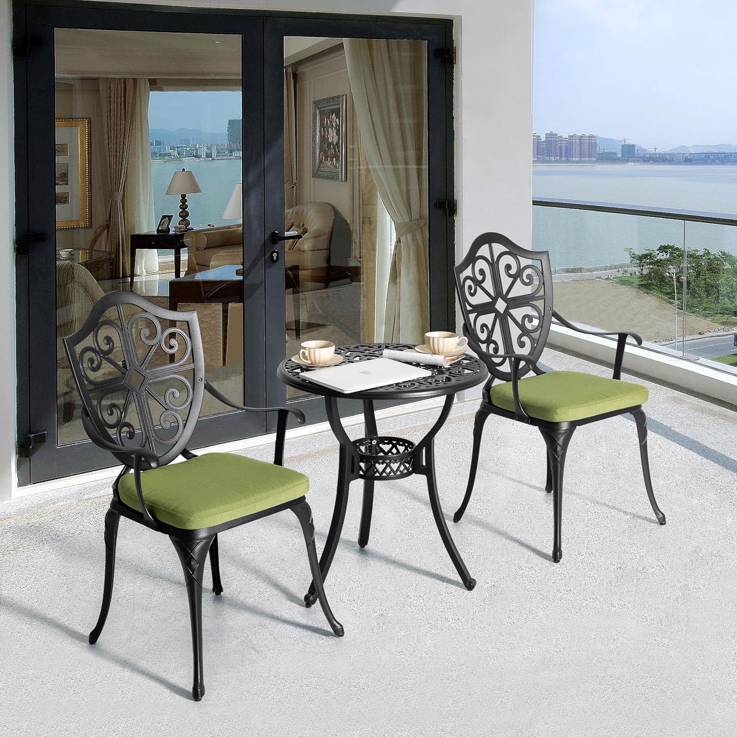 NUU GARDEN 3 Piece Outdoor Bistro Set, Outdoor Cast Aluminum Patio Bistro Table and Chairs Set of 2 with Umbrella Hole and Green Cushions for Backyard, Balcony, Porch, Black