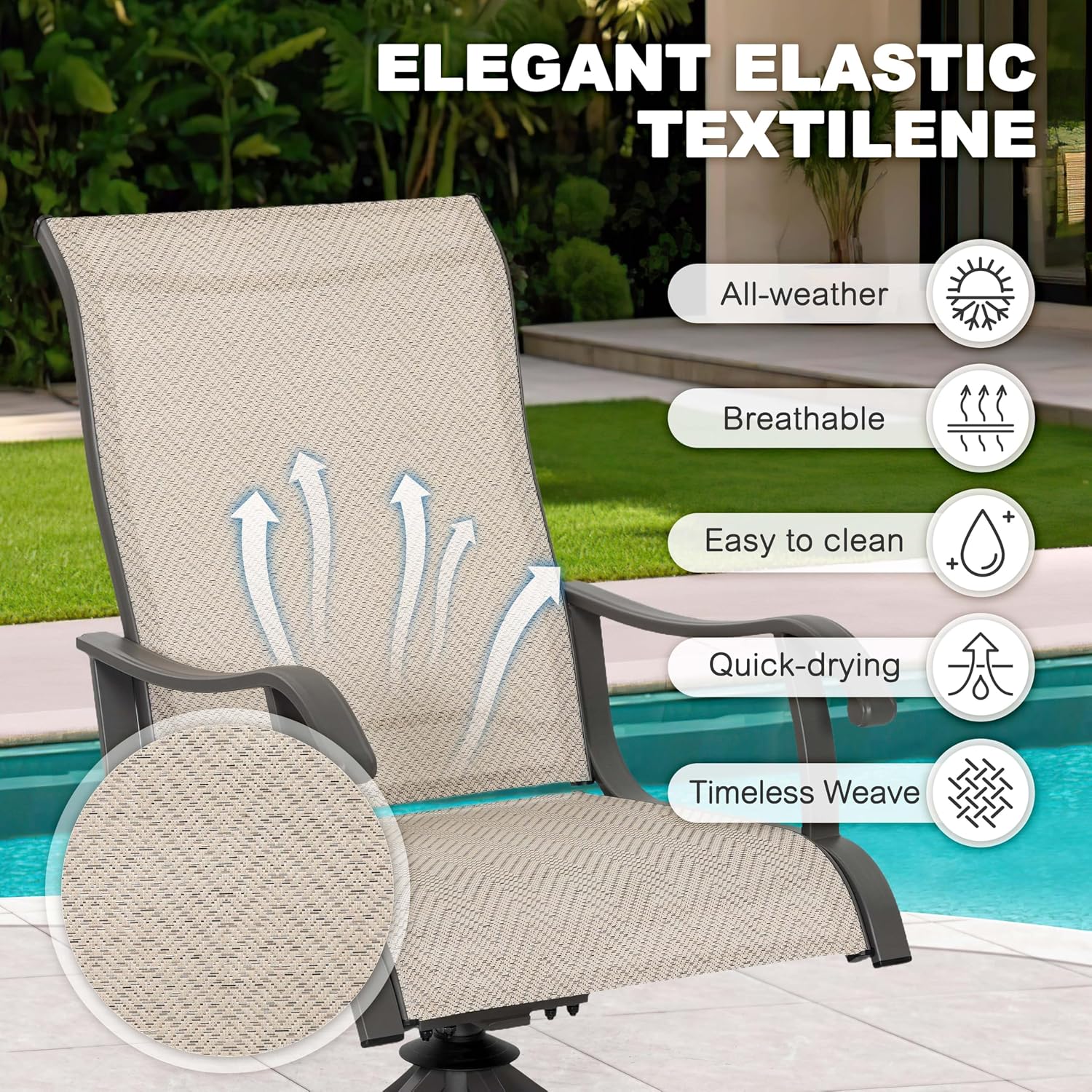 NUU GARDEN Patio Swivel Chairs Set of 2, Outdoor Dining Chairs with Armrests, Swivel Textilene Patio Dining Chair for All Weather, with Metal Frame, for Garden, Backyard, Deck, Poolside, Beige