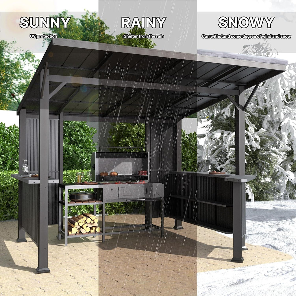 Gotland 10 FT x 10 FT Hardtop Grill Gazebo, BBQ Gazebo with 2 Extended Countertop 2 Side Shelves Drainage Holes Sloping Roof, Metal BBQ Canopy in 2 Combination Styles, for Patio Backyard Black