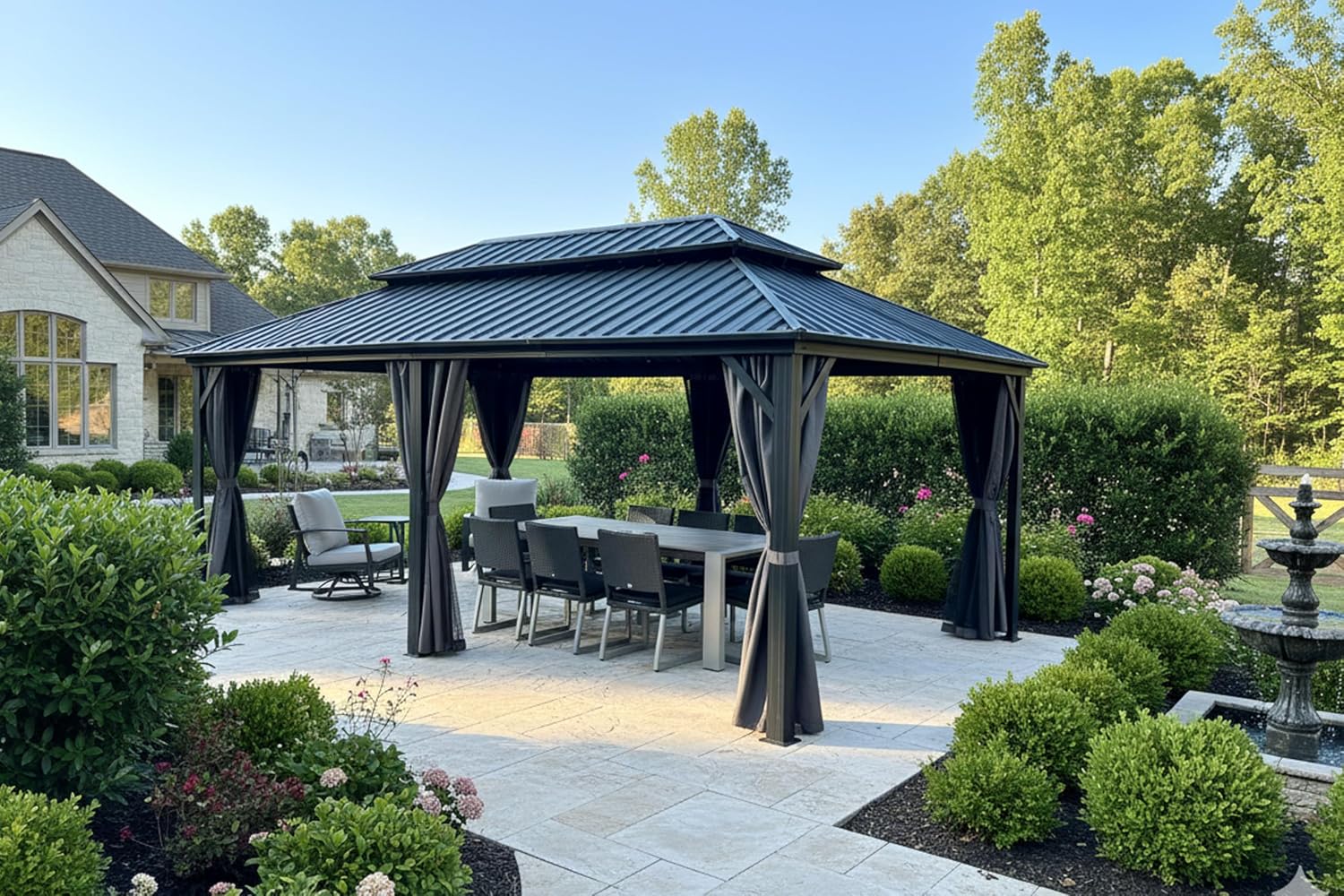 PURPLE LEAF 12' X 20' Patio Hardtop Gazebo Outdoor Pavilion Gazebo with Galvanized Steel Double Roof for Patio Lawn Garden Aluminum with Mosquito Nets and Curtains Grey