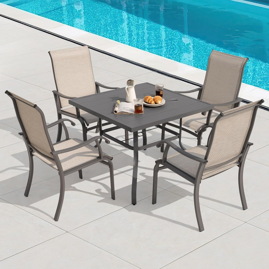 NUU GARDEN 5-Piece Outdoor Dining Set, 4 Textilene Patio Dining Chairs and 37'' Square Slatted Table with Umbrella Hole, Weather-Resistant Patio Furniture for Garden, Patio, Backyard, Beige