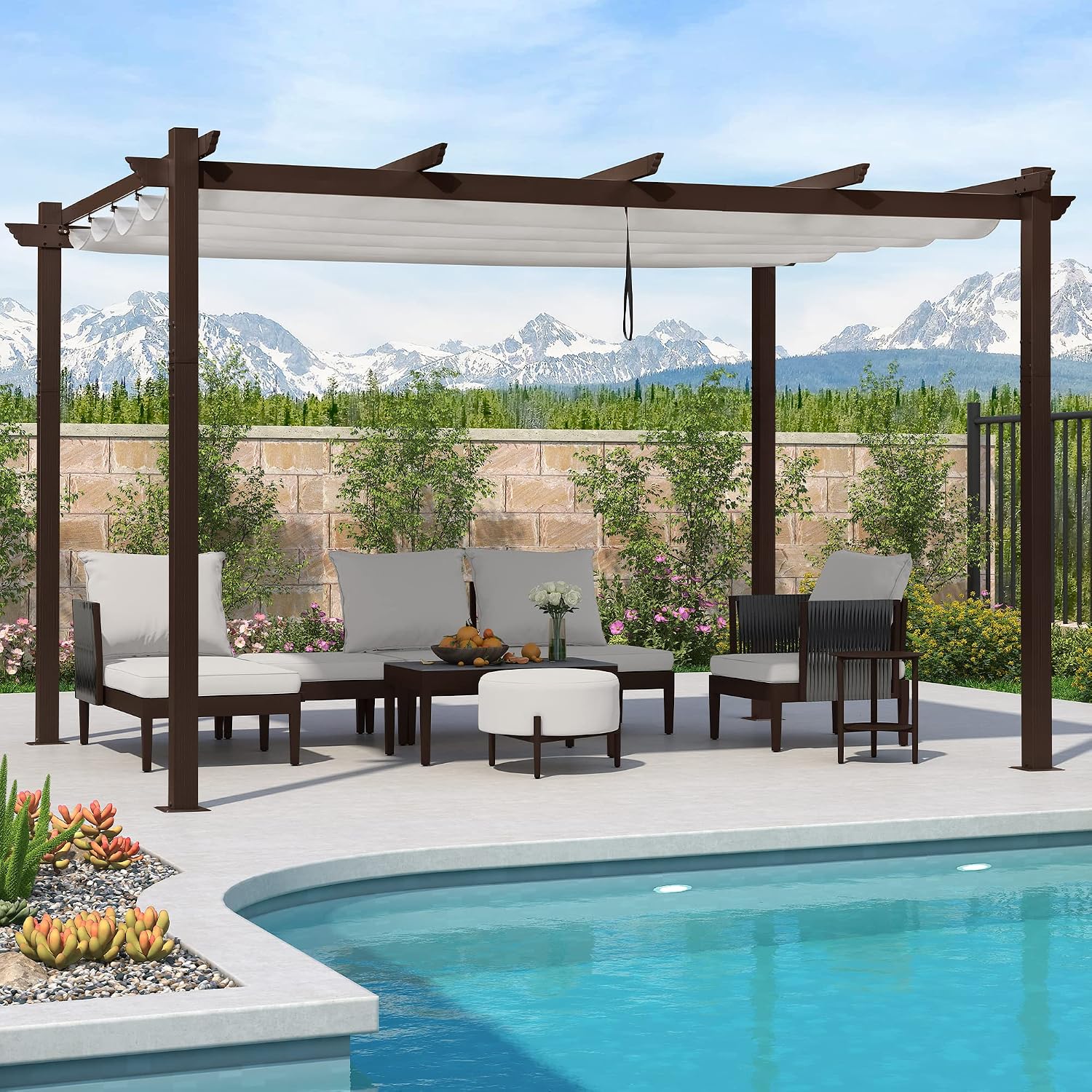 PURPLE LEAF 10' x 13' Outdoor Retractable Pergola Aluminum with Patio Sun Shade Canopy DIY Modern Heavy-Duty Bronze Shelter for Garden Yard Pavilion Grape Trellis Porch, White