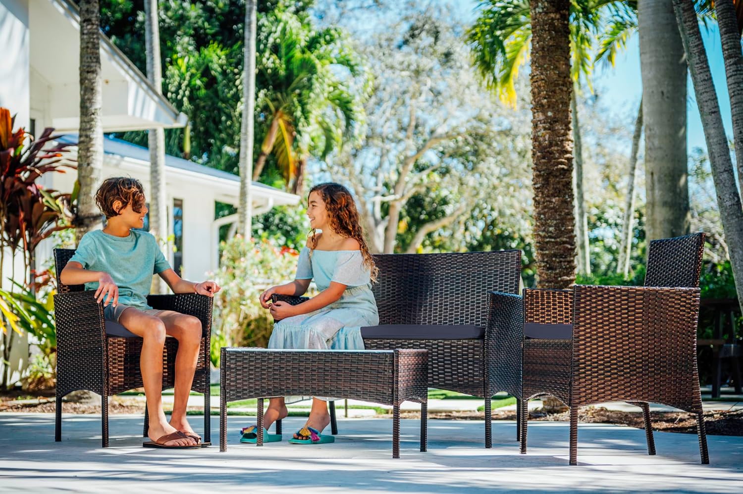 Nestl Wicker Patio Furniture Set - 4 Piece Patio Set with Patio Chairs Set of 2, Loveseat, Glass Top Coffee Table, Outdoor Furniture Sets for Backyard or Pool, Front Porch Furniture Set