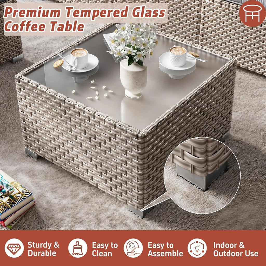 6 Pieces Patio Furniture Set, Outdoor Sectional Wicker Sofa with Thickened Cushions and Coffee Table, High Back Rattan Patio Conversation Sets for Garden Backyard, Grey
