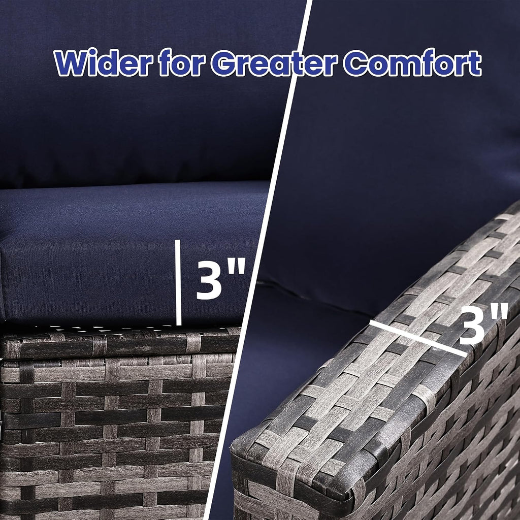 FHFO 4 Piece Patio Furniture Set, Wicker Outdoor Conversation Furniture Set, All Weather Patio Sofa Couch with Cushion & Glass Table, Grey/Blue