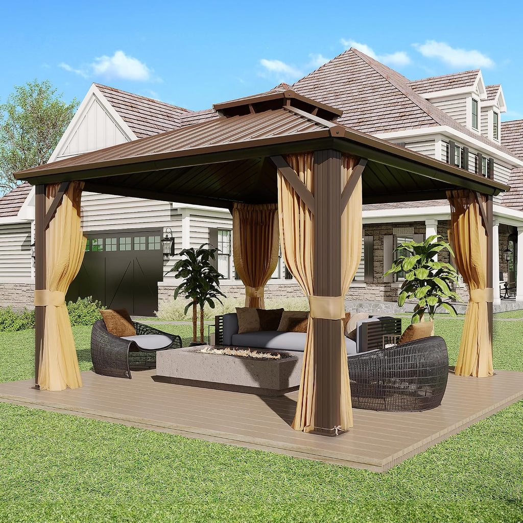 MELLCOM 10' x 10' Gazebo, Hardtop Double Roof Gazebo with Aluminum Frame, Galvanized Steel Outdoor Pavilion with Curtain and Netting for Patio, Garden, Lawn, Brown