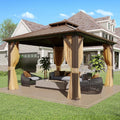 MELLCOM 10' x 10' Gazebo, Hardtop Double Roof Gazebo with Aluminum Frame, Galvanized Steel Outdoor Pavilion with Curtain and Netting for Patio, Garden, Lawn, Brown