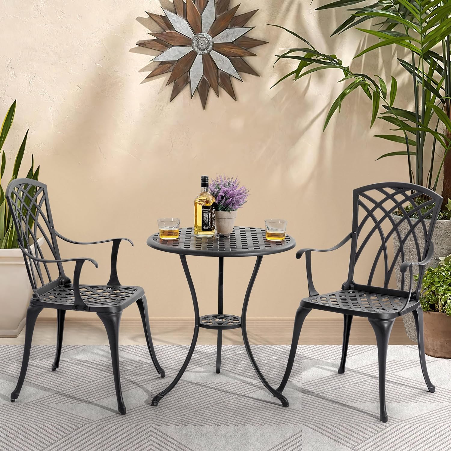 NUU GARDEN 3 Piece Patio Bistro Set, Cast Aluminum Patio Bistro Table and Chairs Set of 2 with Umbrella Hole, Outdoor Bistro Set for Patio or Backyard, Black
