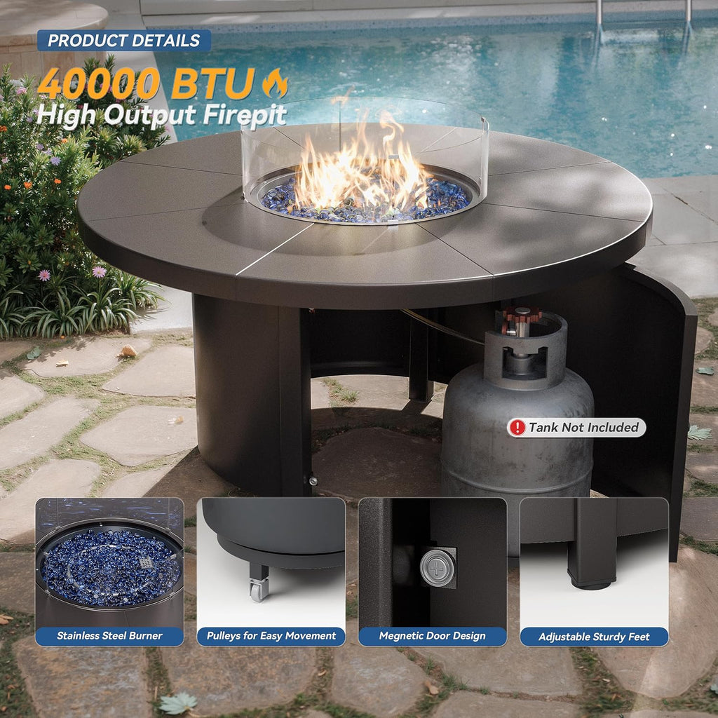 Kurapika 5 Pieces Patio Furniture Set, Rattan Wicker Outdoor Conversation Sets, 4 Woven Rattan Swivel Chairs w/48in Propane Fire Pit Table and Thickened Cushions, Sand