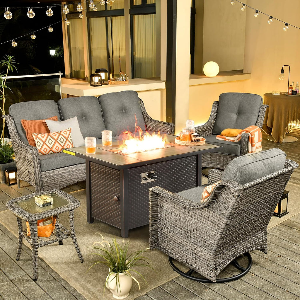 ovios Outdoor 5 Piece Patio Furniture with Fire Pit Table,Wicker Coversation Set with Swivel Rocking Chair,Comfy Sectional Deep Sofa for Outside Porch Balcony Backyard Pool,Dark Grey