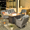ovios Outdoor 5 Piece Patio Furniture with Fire Pit Table,Wicker Coversation Set with Swivel Rocking Chair,Comfy Sectional Deep Sofa for Outside Porch Balcony Backyard Pool,Dark Grey