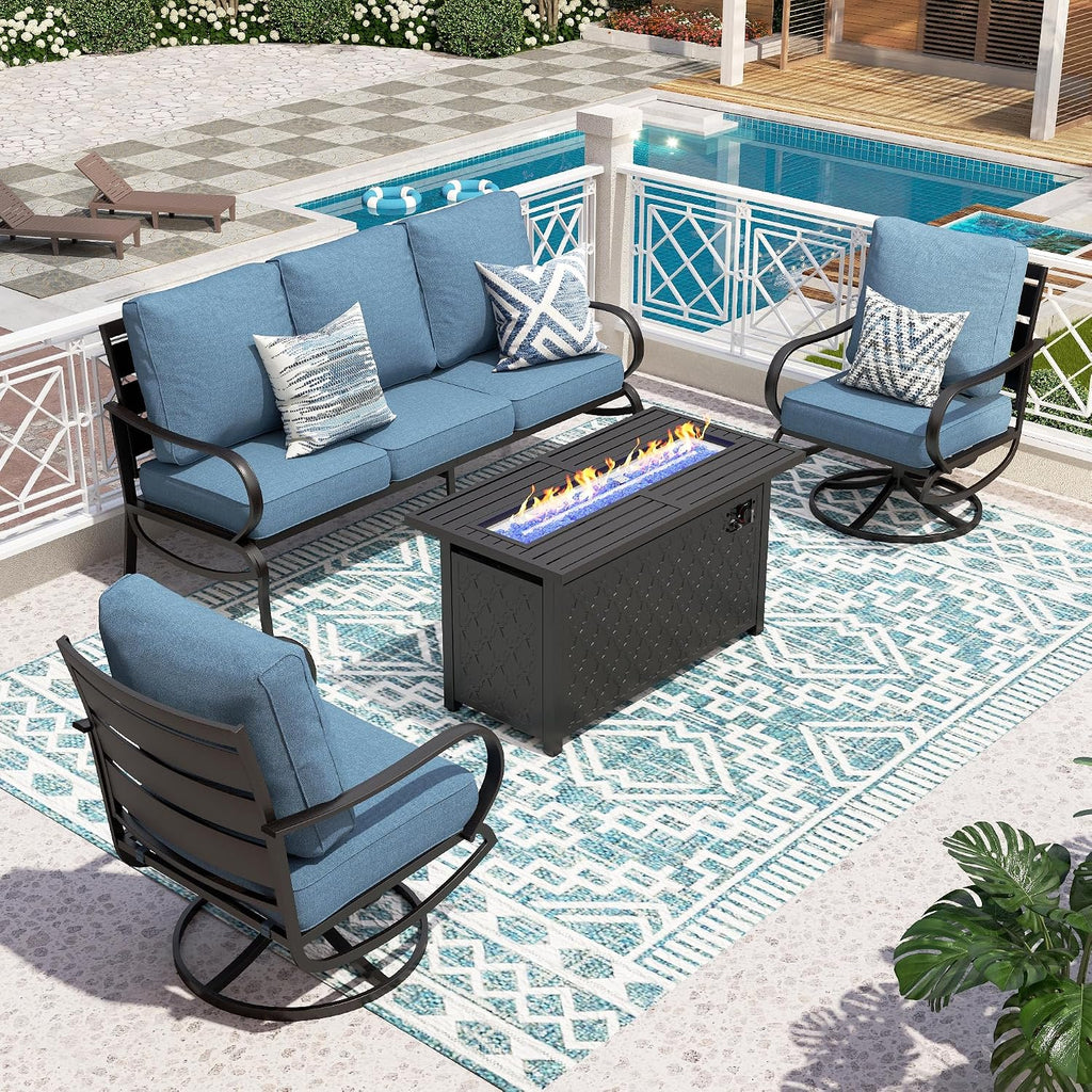 PHI VILLA 4 Piece Patio Furniture with FirePit Table, Metal Outdoor Furniture Set with 3-Seat Wide Deep Seating Bench & 2 x Swivel Sofa Chairs, Outdoor Conversation Set for 5, Navy Blue