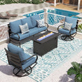 PHI VILLA 4 Piece Patio Furniture with FirePit Table, Metal Outdoor Furniture Set with 3-Seat Wide Deep Seating Bench & 2 x Swivel Sofa Chairs, Outdoor Conversation Set for 5, Navy Blue
