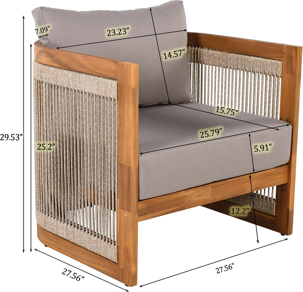 Acacia Wood Patio Multi-Person Sofa Set with Round Coffee Table and Woven Rope Accents, All-Weather Conversation Set Outdoor Seating Group for Garden Backyard Poolside Balcony (Teak+Grey)