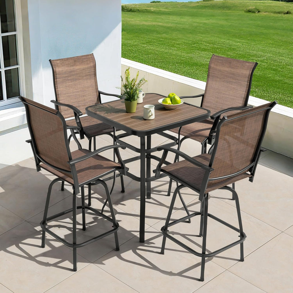 NUU GARDEN 5-Piece Outdoor Bar Set - 4 Swivel High Back Textilene Bar Stools & Metal Table with Faux Wood Top, Weather-Resistant Patio Furniture for Backyard, Porch, Garden, Black & Brown