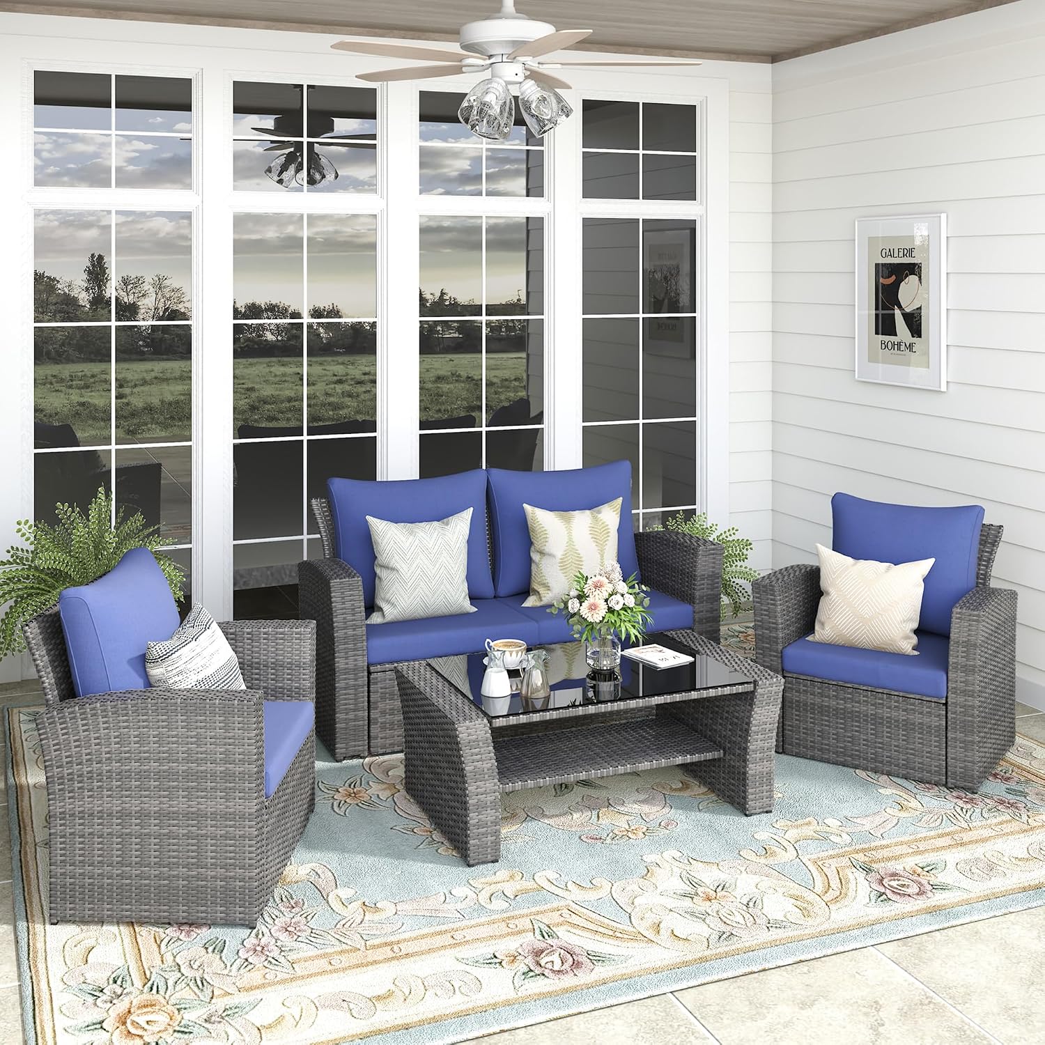 FansaFurn 4-Piece Outdoor Patio Furniture Set, All Weather Wicker Rattan Sectional Sofa Conversation Seating Set with Cushions & Large Glass Coffee Table, Ideal for Garden Backyard Porch, Blue