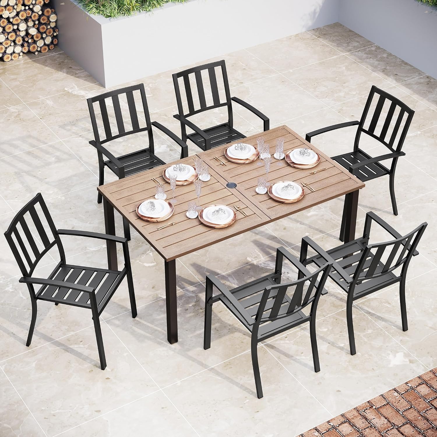 Sophia & William Patio Table and Chairs Set, Outdoor Dining Set for 6, 7 Piece Metal Patio Furniture, 60' Rectangular Table with Wood-Like Tabletop(Stripe)